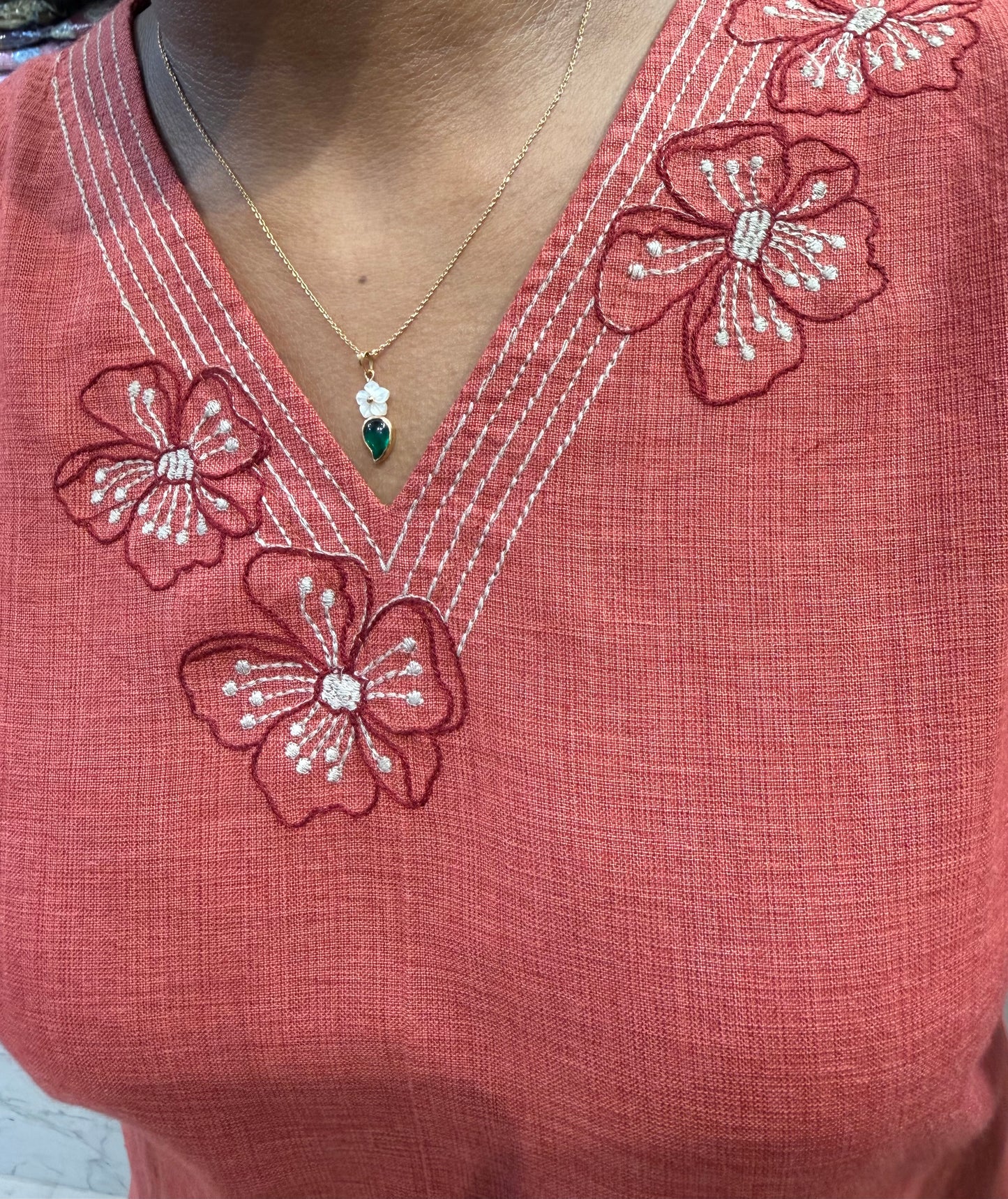 Coral Pink Embroidered Pure Cotton Straight Cut Kurti