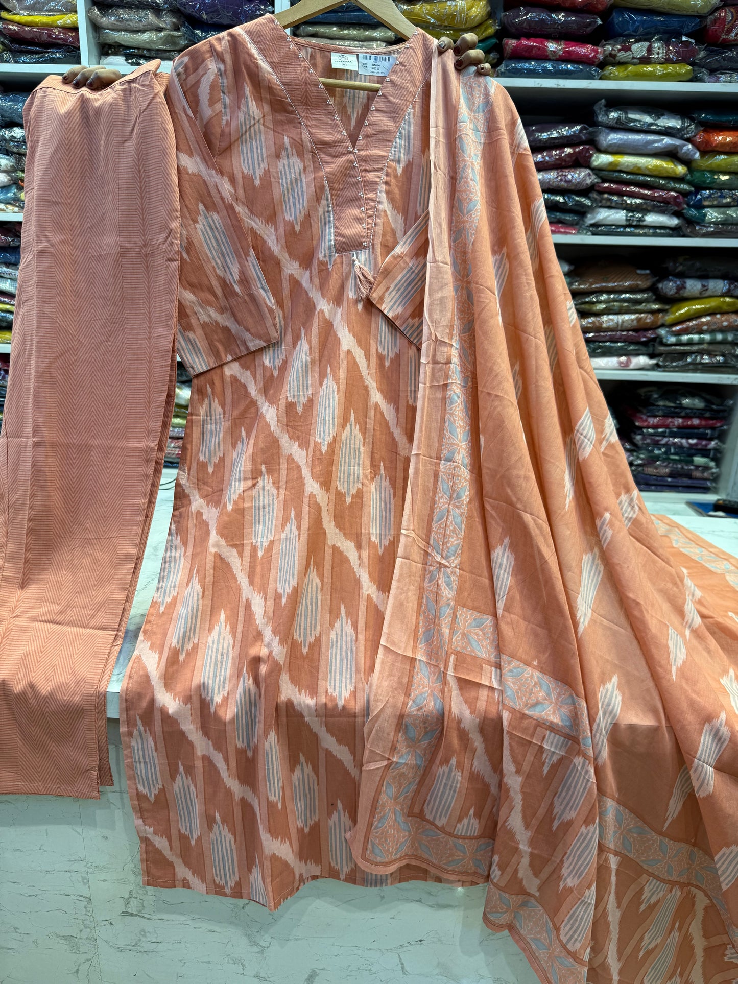 Peach Pure Cotton Kurti With Pant and Dupatta - HSC1173