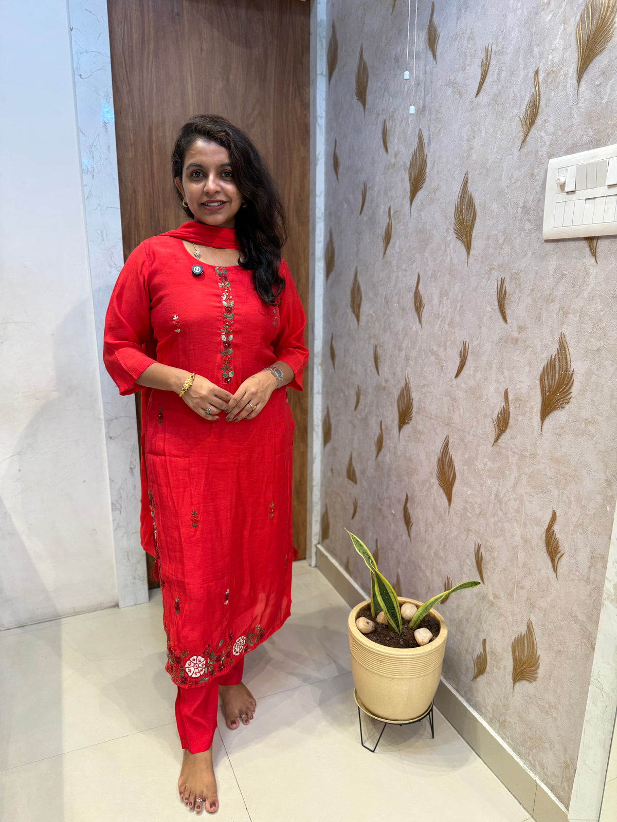 Red Hand Embroidery Pure Silk Kurti With Pant and Dupatta -HSC1240