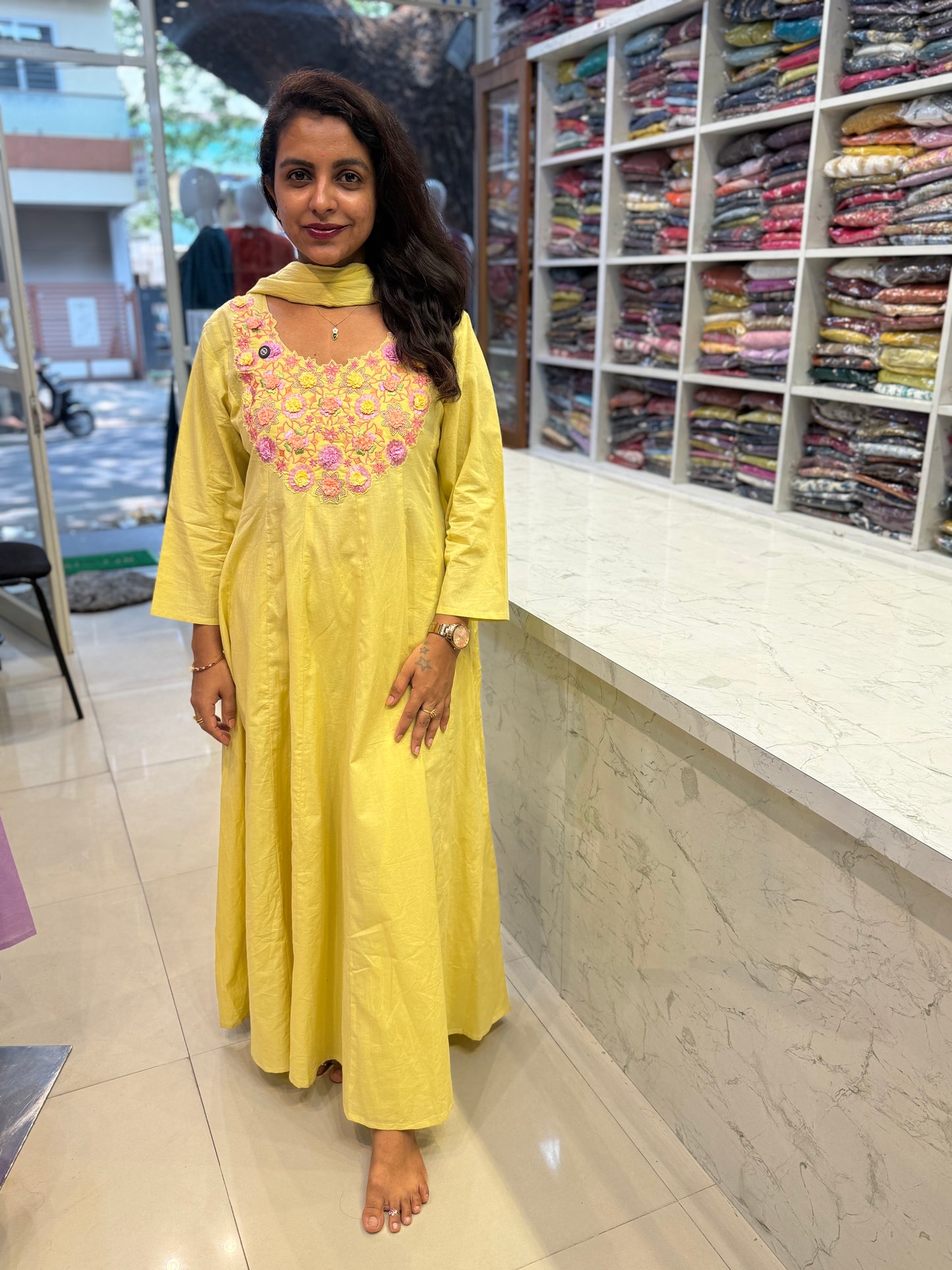 Butter Yellow Designer Wear Pure Cotton Hand Embroidery Anarkali Kurti With Pant and Dupatta-HSC103