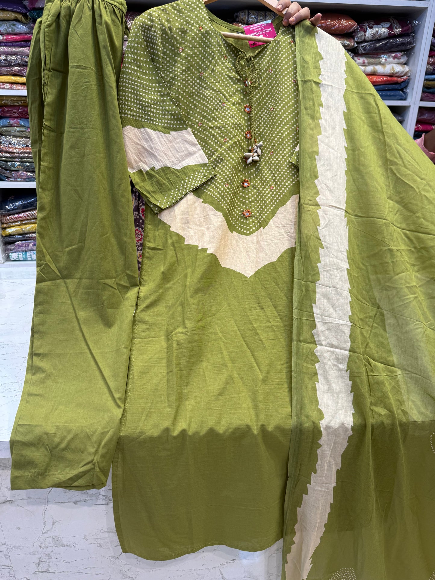Trending Green Pure Cotton Kurti With Pant and Dupatta-HSC120