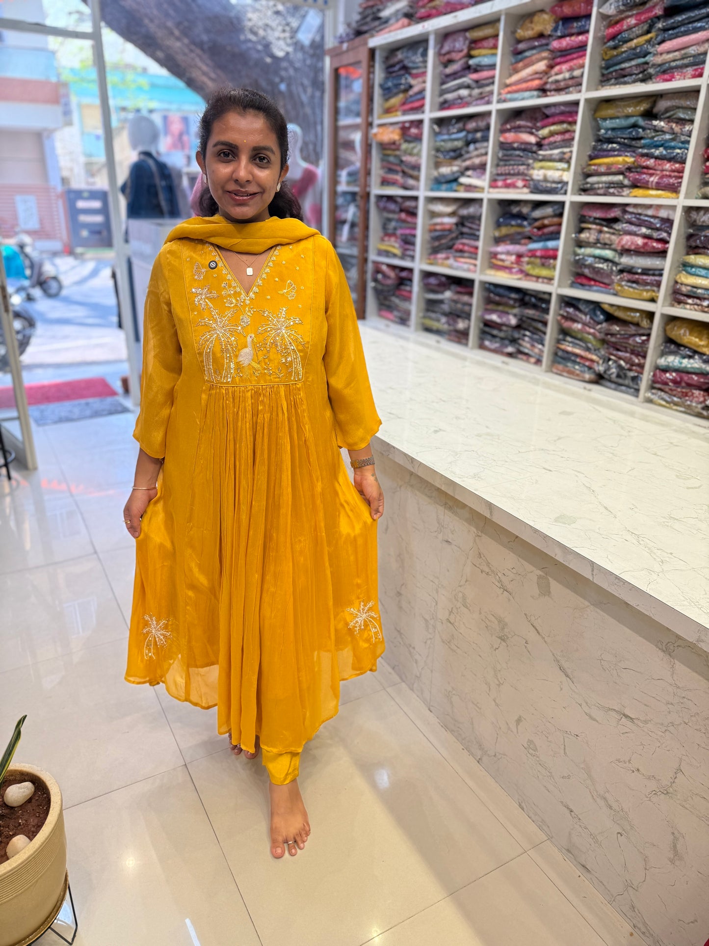 Mustard Yellow Pure Chinnon Kurti With Pant and Dupatta-HSC11