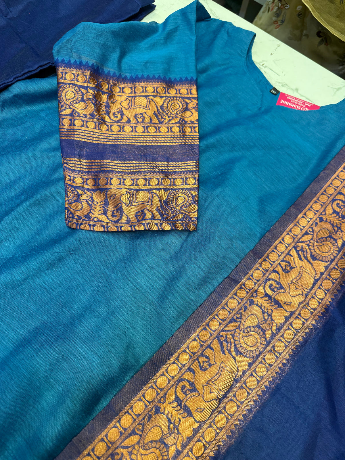Elephant Blue Silk Cotton Kurti With Pant and Dupatta -HSC1207