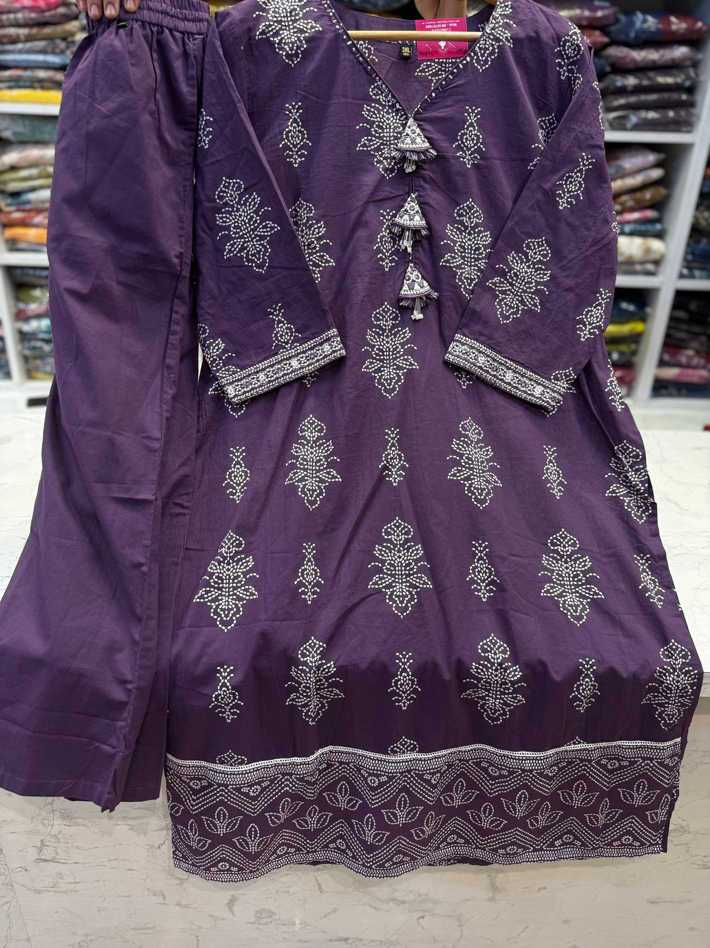 Lavender Pure Cotton Hand Embroidered Kurti With Pant-HSC81