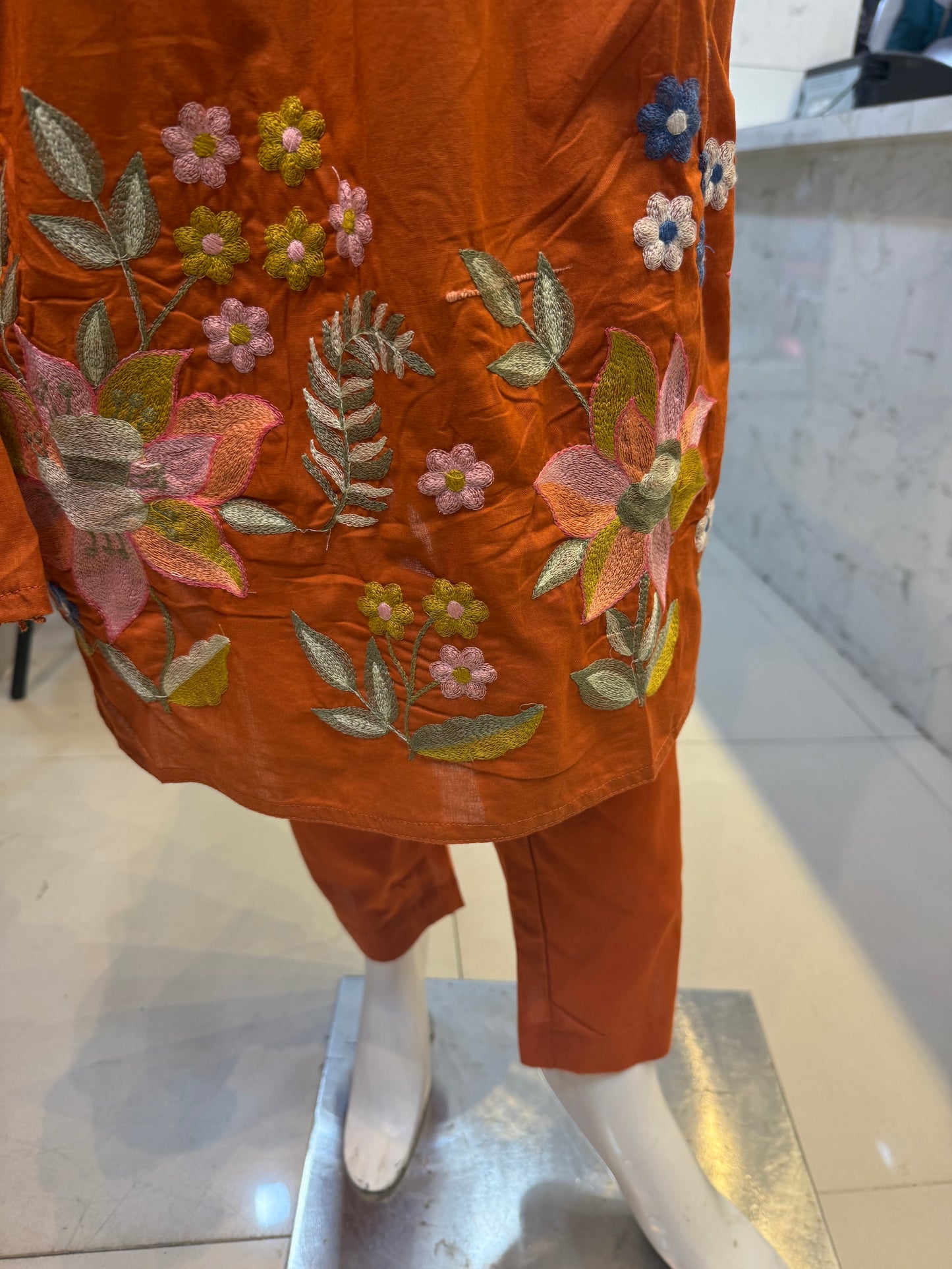 Mul Cotton Embroidery A-line Kurti With Pant And Dupatta