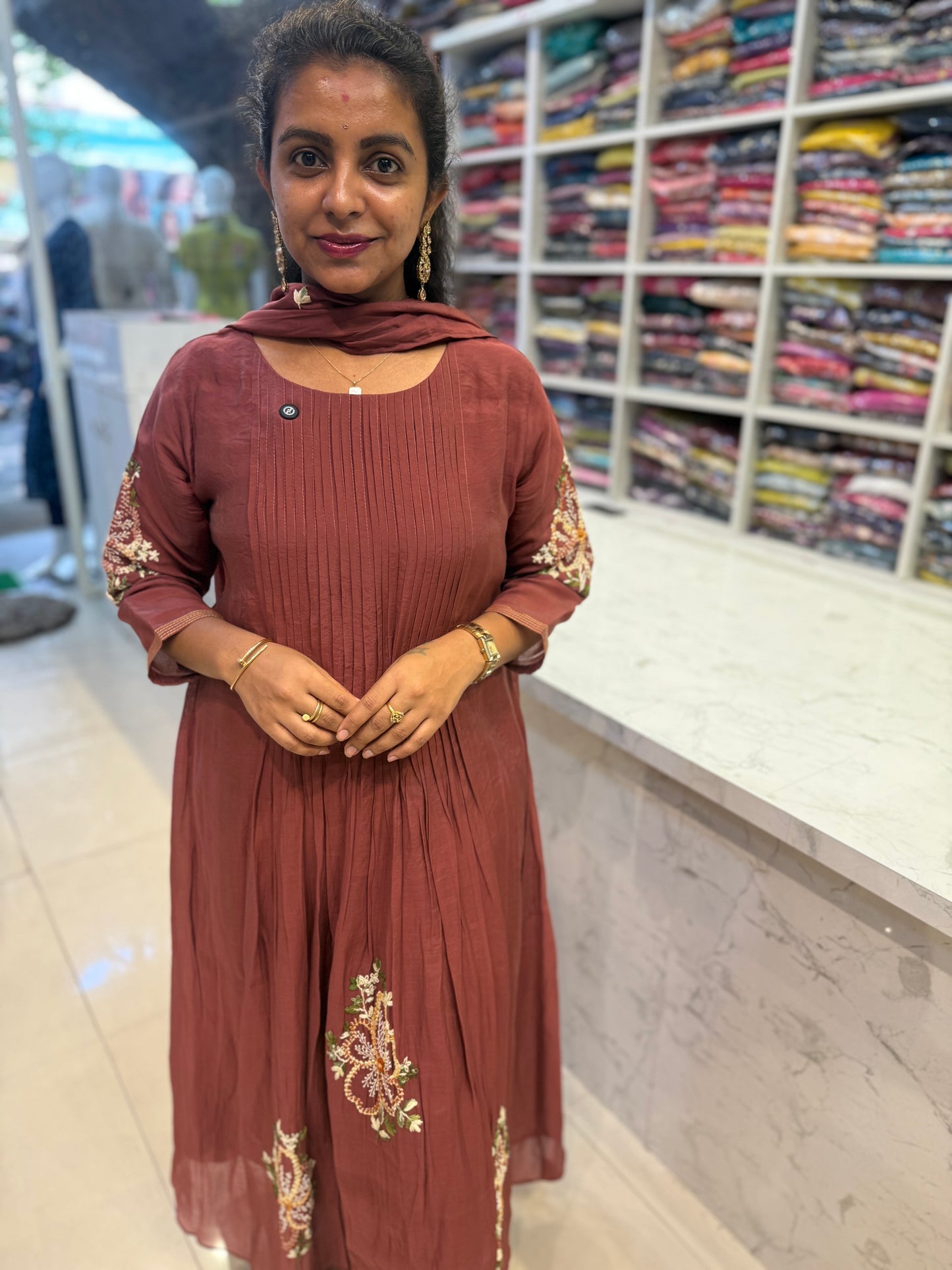 Mauve Brown Pure Mul Chanderi Hand Embroidered Kurti with Pant and Dupatta-HSC77