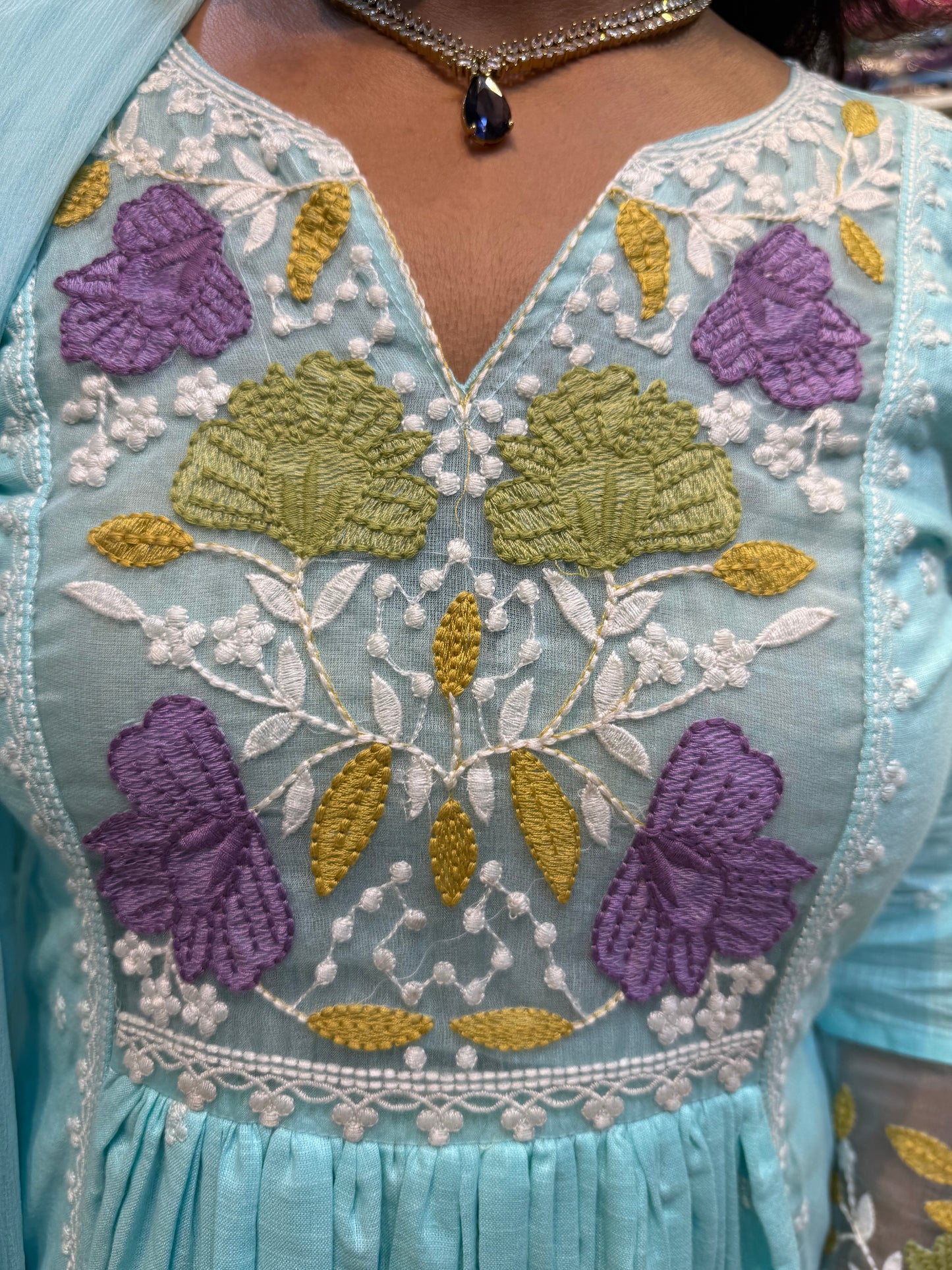 Sky Blue Cotton Kurti with Pant and Dupatta