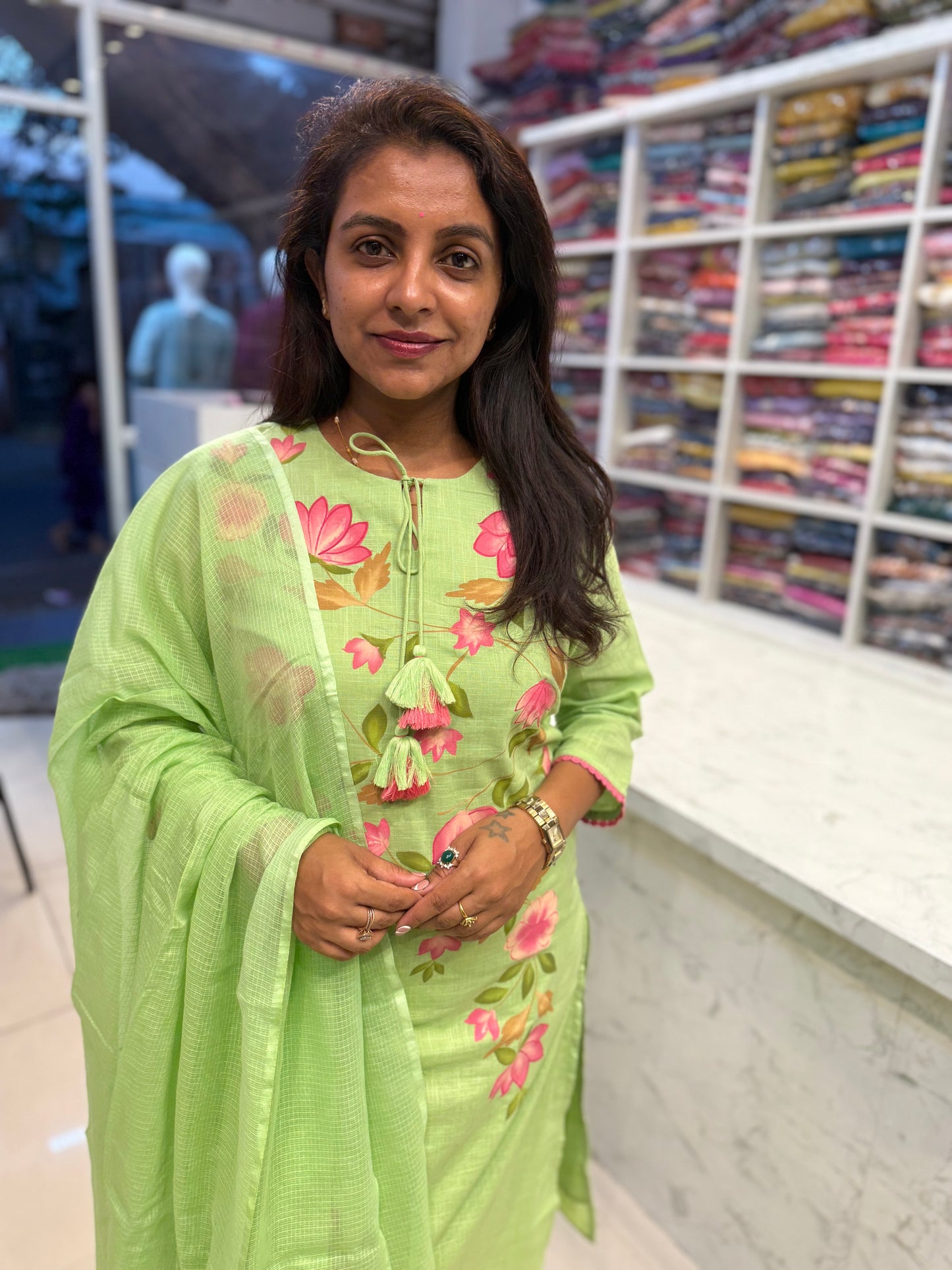 Green Hand Panited Green Kurti With Pant and Dupatta-HSC109