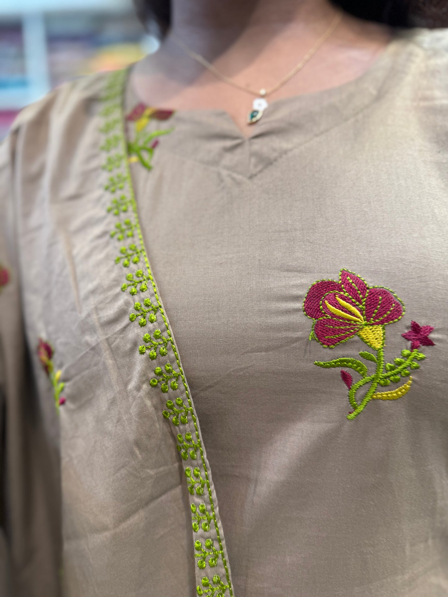 Khaki Pure Cotton Embroidered Kurti With Pant and Dupatta