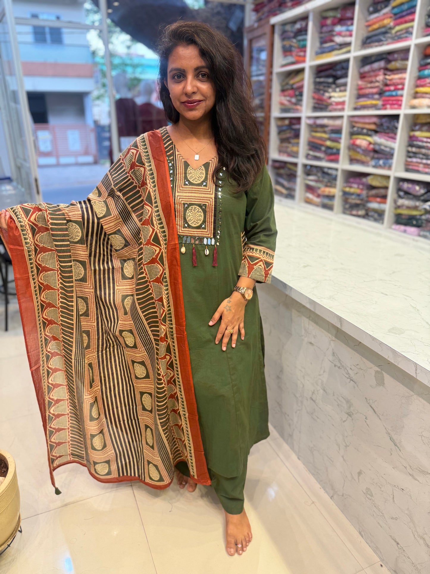 Two Sides Pockets Green Backside Patch Work Printed Kurti With pant and Dupatta-HSC86