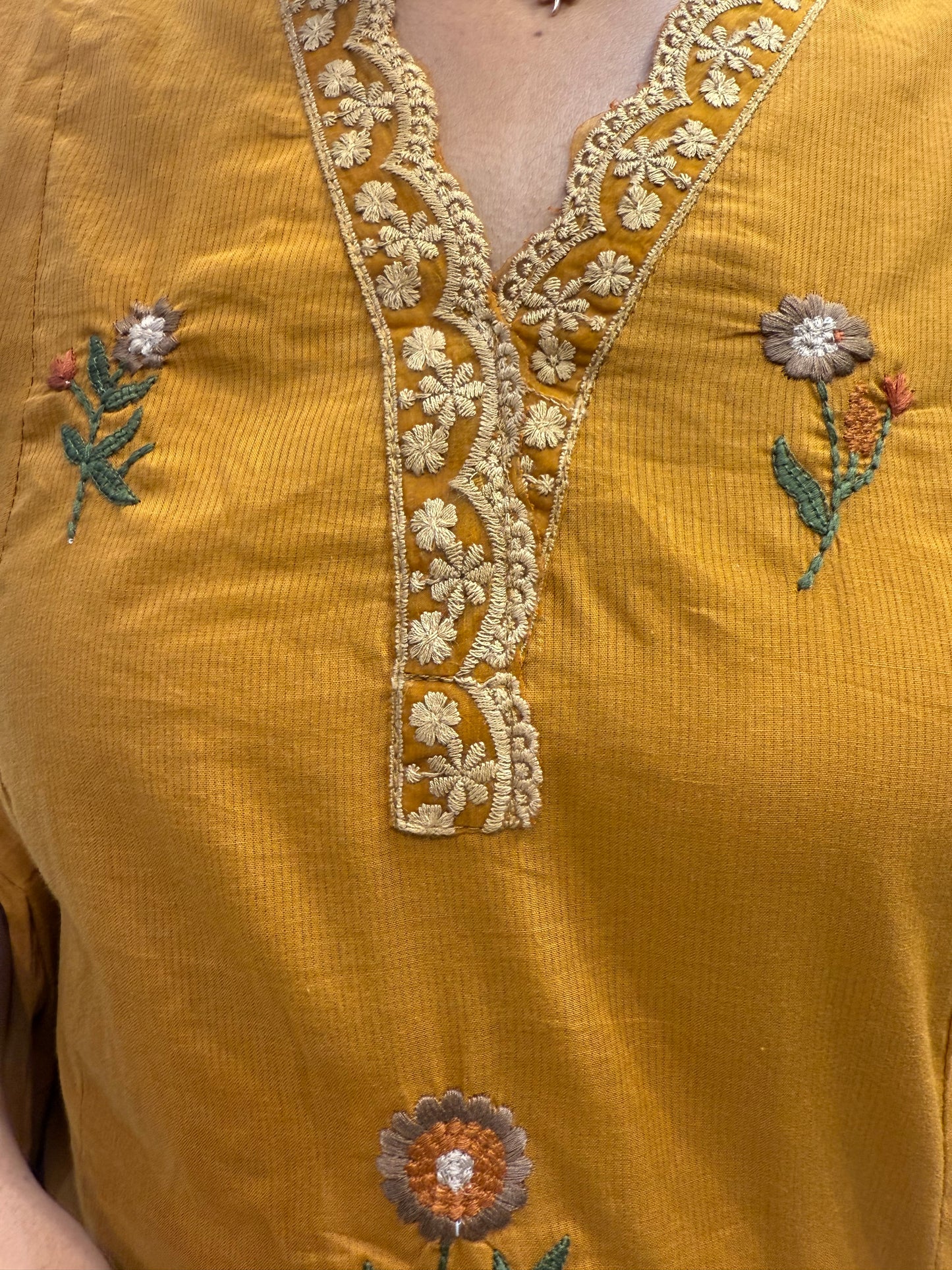 Mustard Thread Embroidery Lace Kurti With Pant and Dupatta