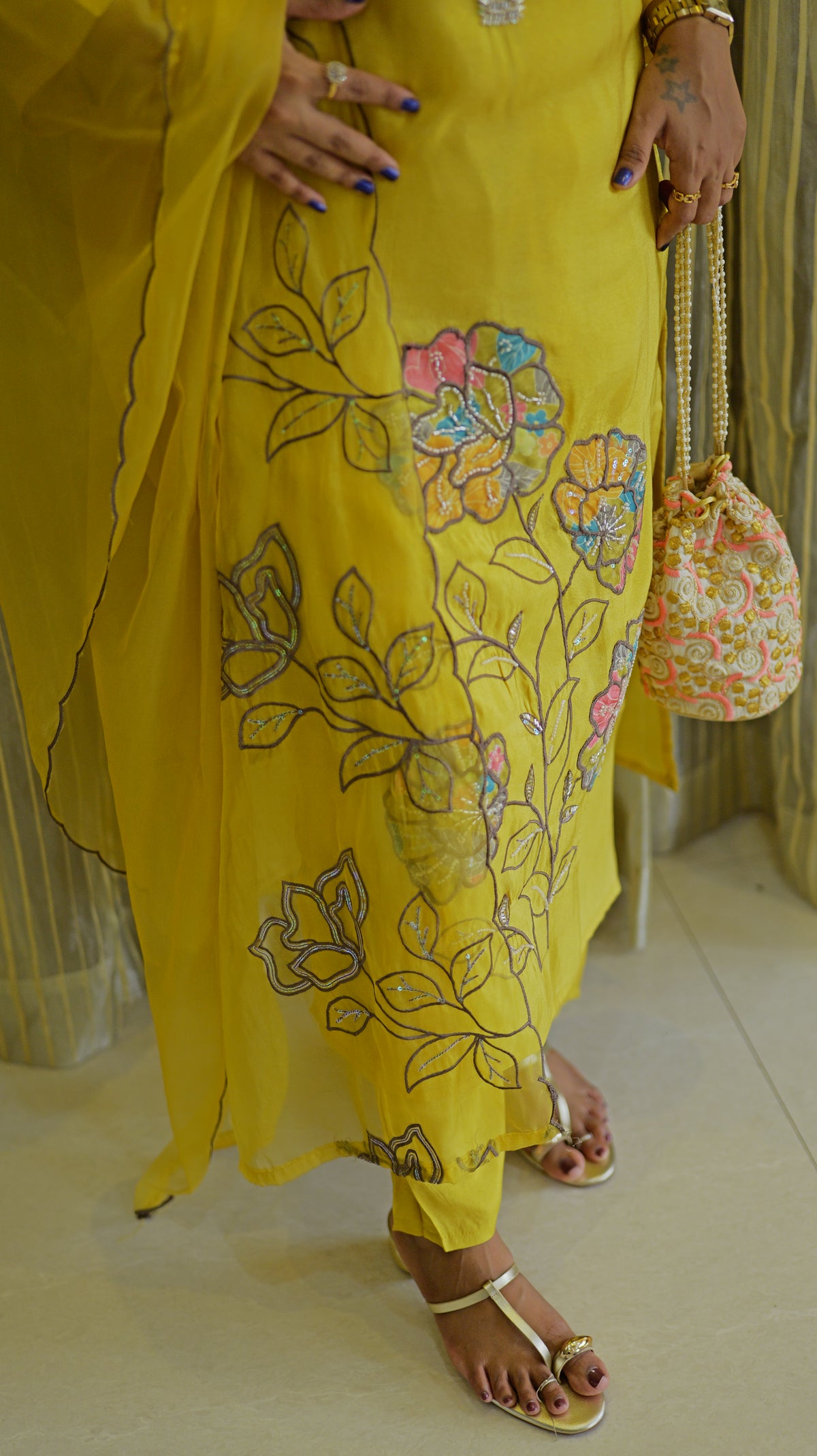 Yellow Pure Tissue Silk Kurti With Pant and Dupatta -HSC1238