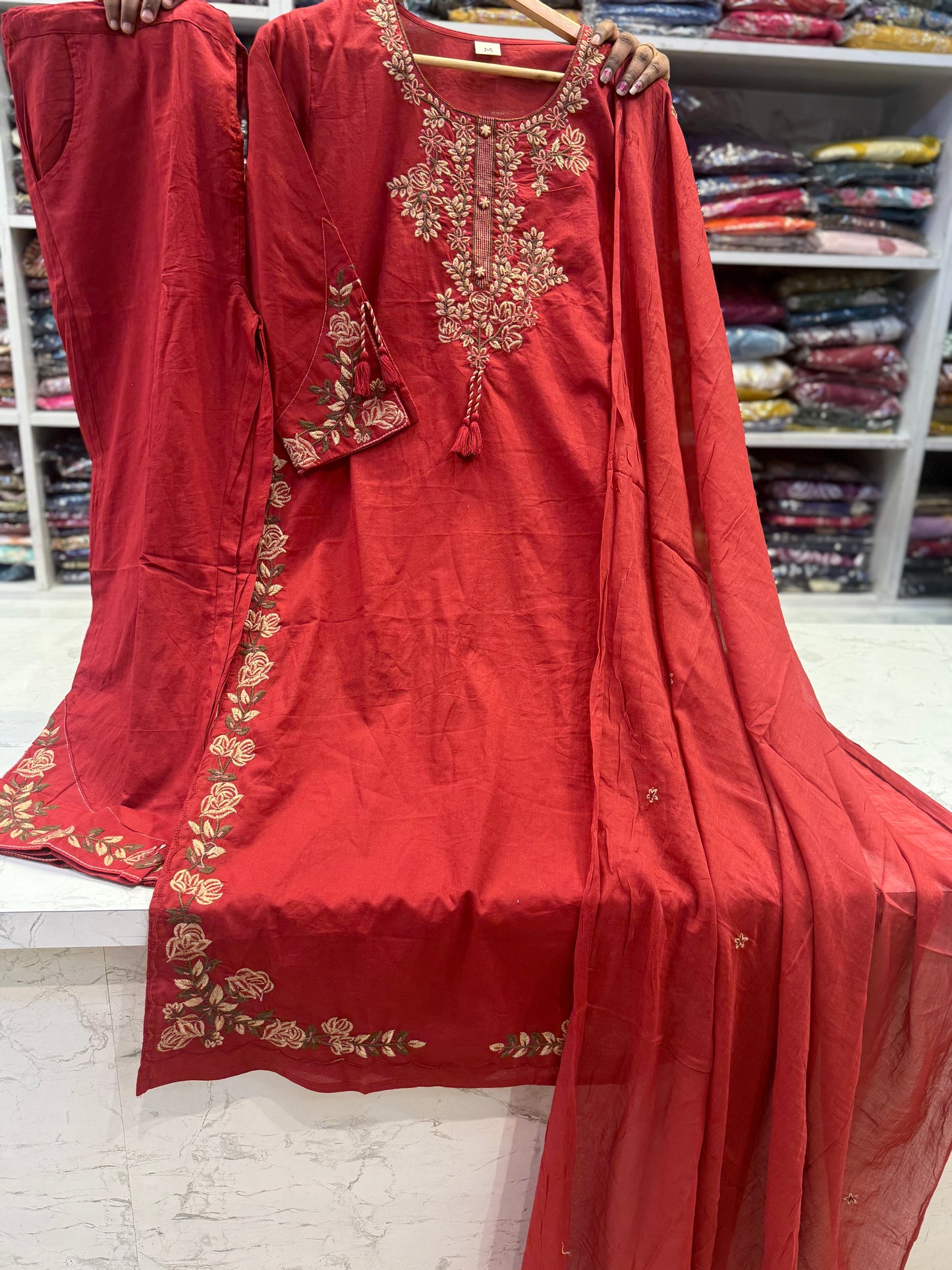 Red Embroidery Pure Cotton Kurti With Pant and Dupatta - HSC1145