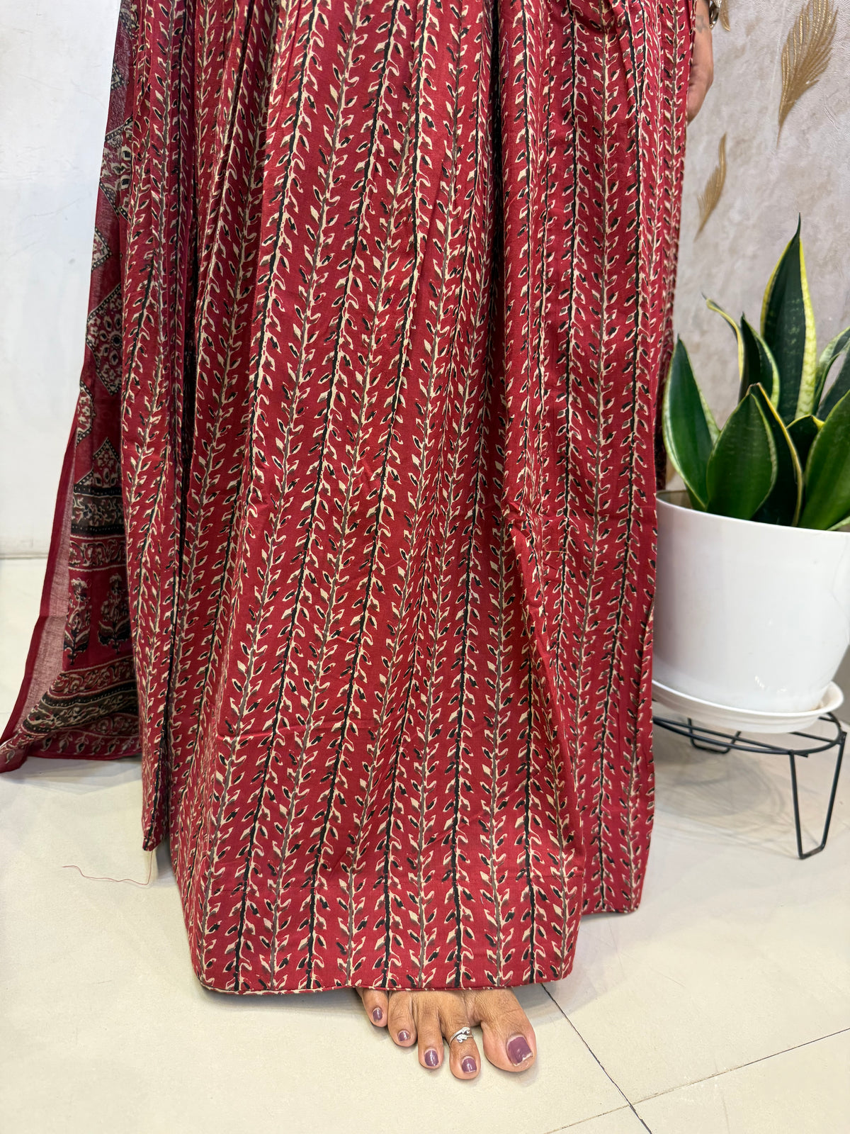 Red Pure Cotton Printed Kurti With Skirt and Dupatta -HSC1302