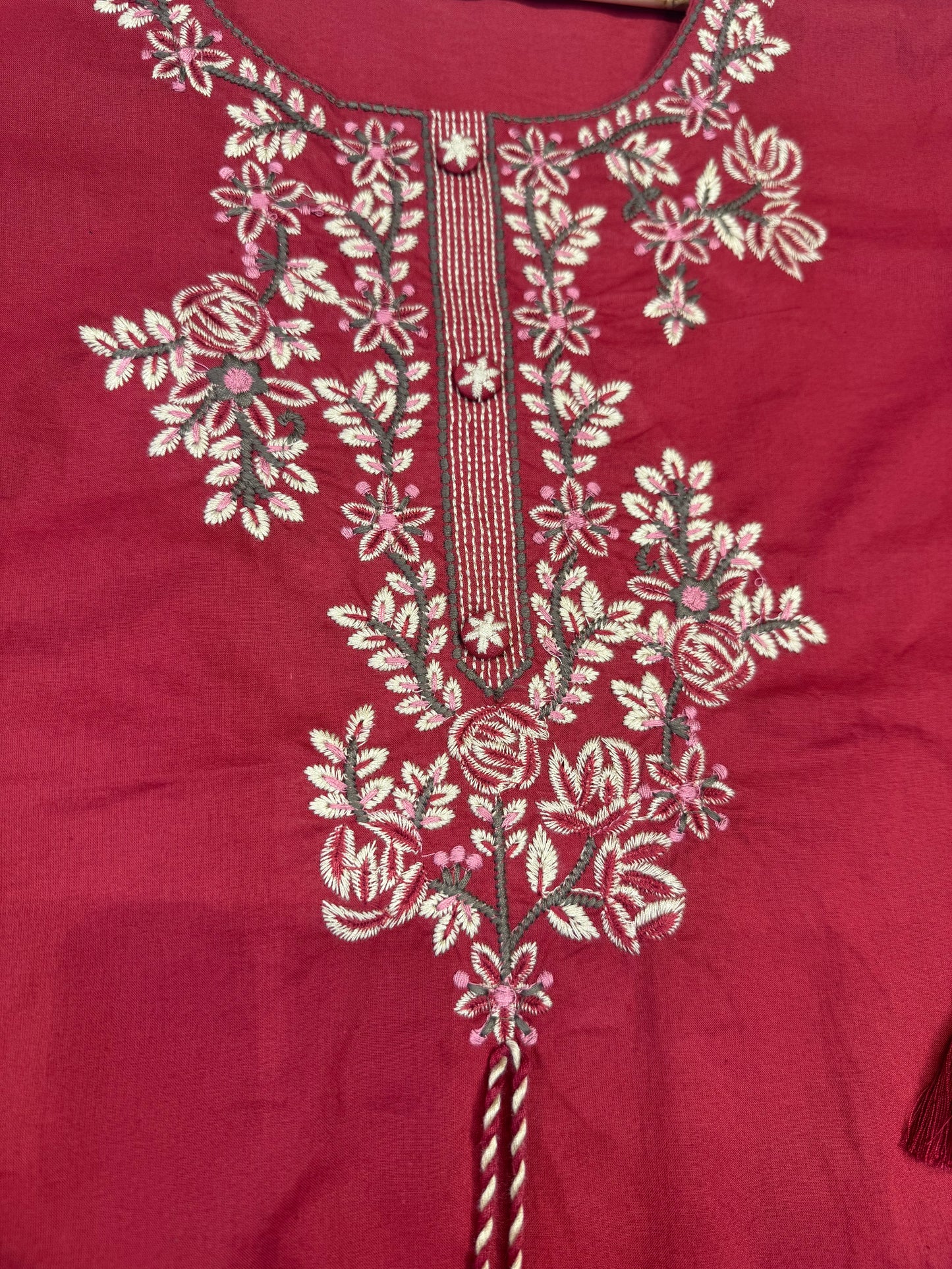 Red Embroidery Pure Cotton Kurti With Pant and Dupatta - HSC1145
