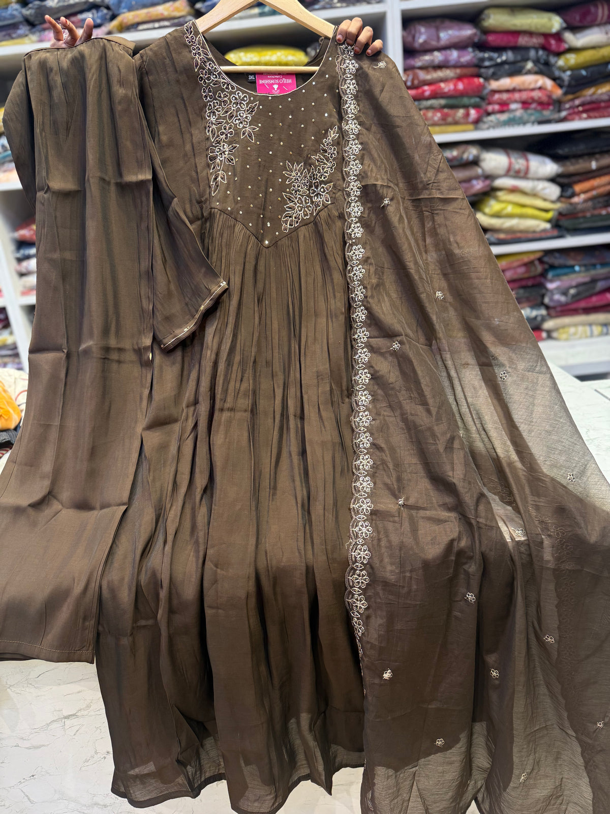 Brown Hand Embroidered A-line Kurti With Pant and Scallop cut Dupatta -HSC1205