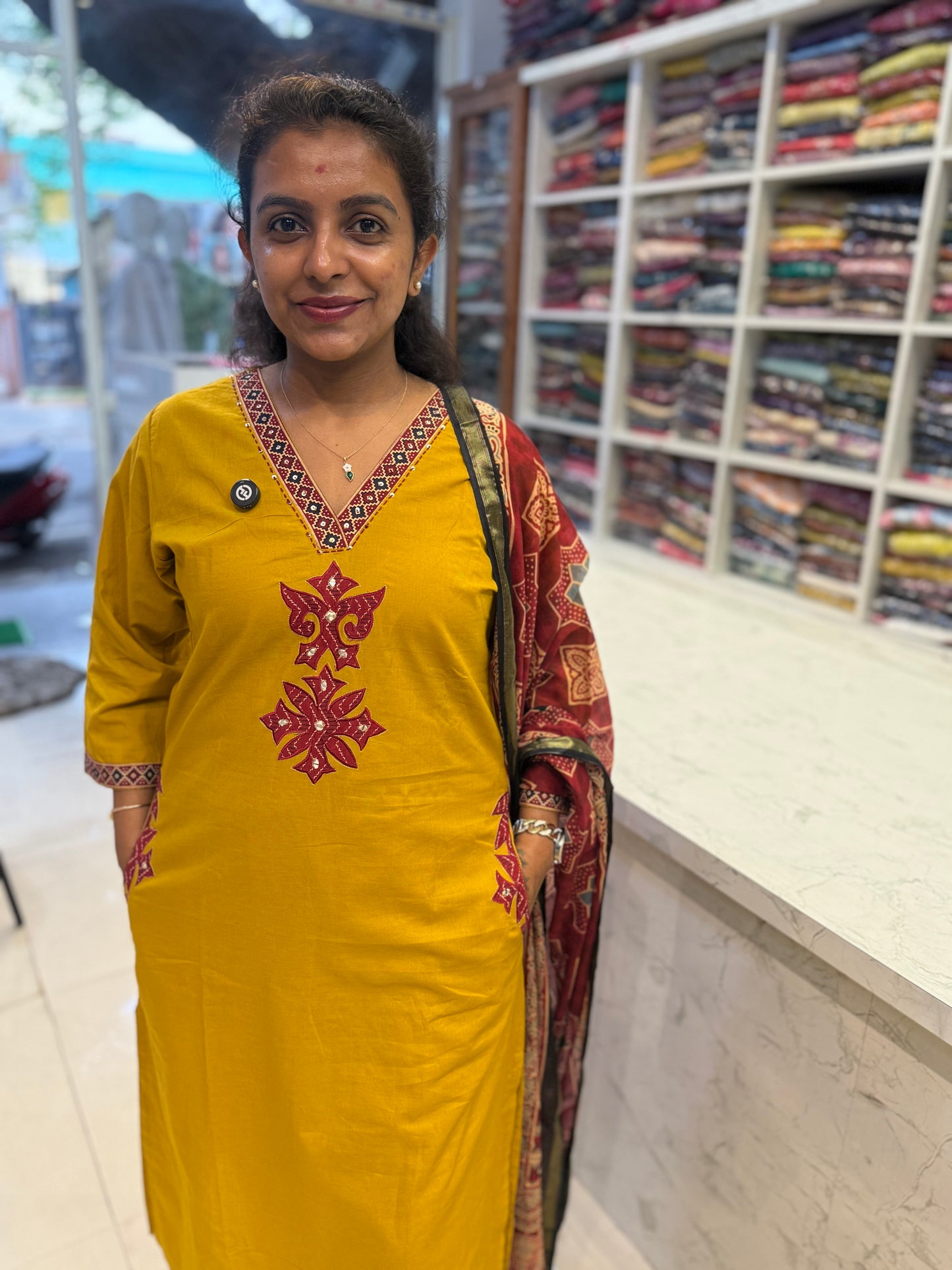 Mustard  Pure Cotton Kurti With Pant and Marron Printed Gajji Silk Dupatta