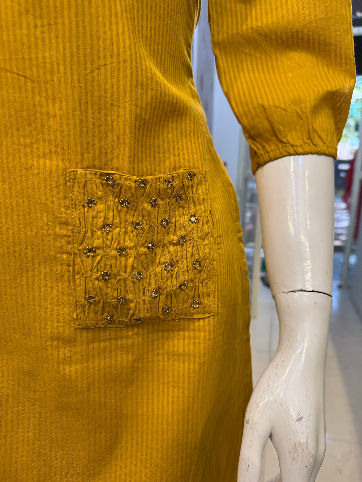 Mustard Two Pockets Hand Embroidery Pure Cotton Silly Kurti With Pant and Dupatta-HSC56