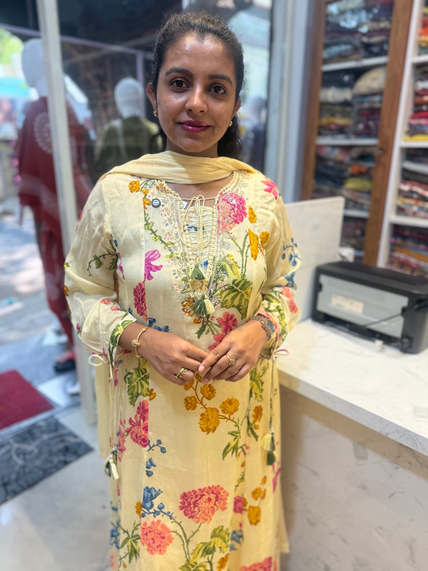 Pure Chinnon Half White A-line printed Kurti With Pant and Dupatta-HSC45