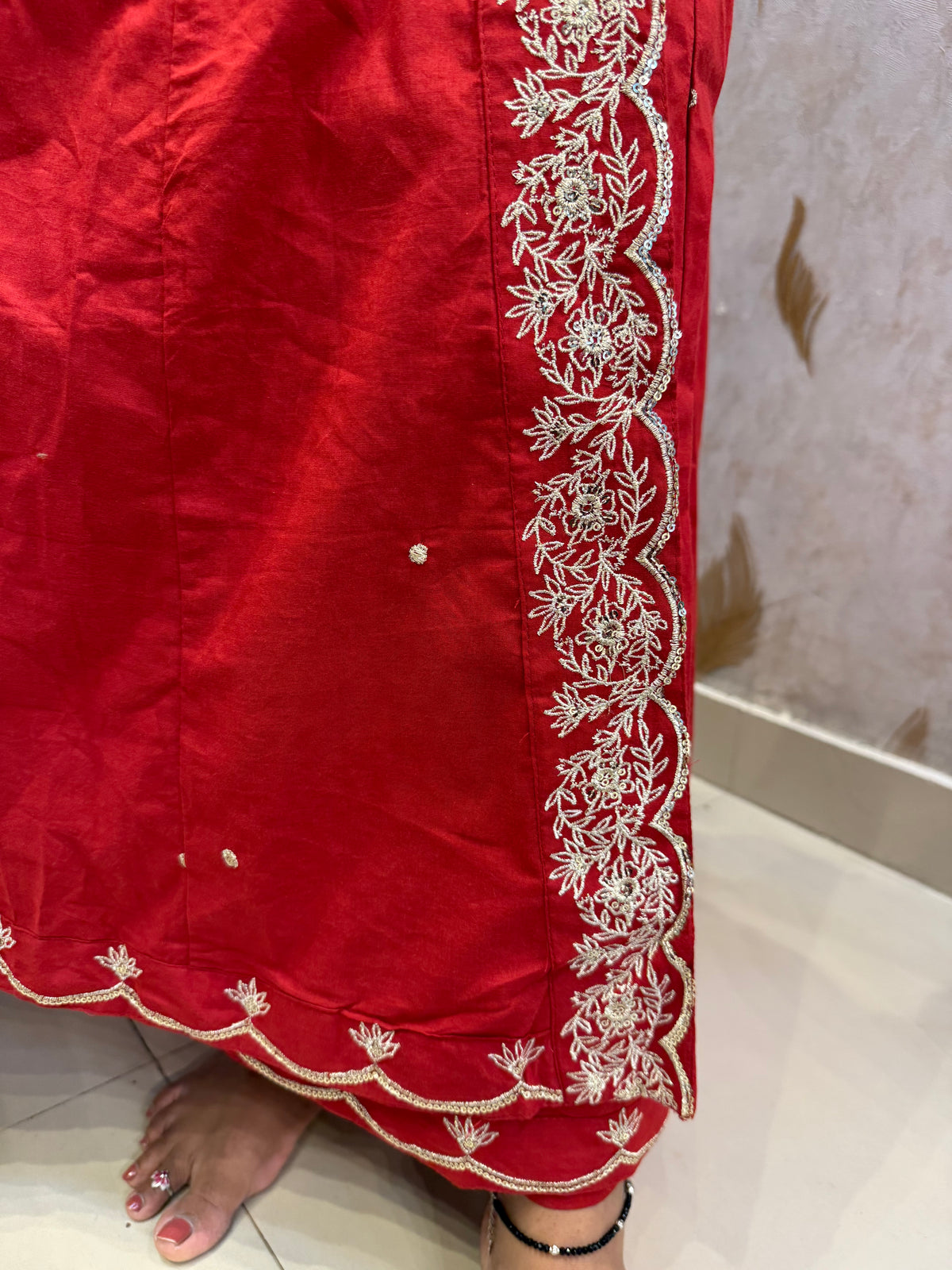 Red Pure Cotton Embroidered Angarkha Kurti With Pant and Dupatta - HSC1200