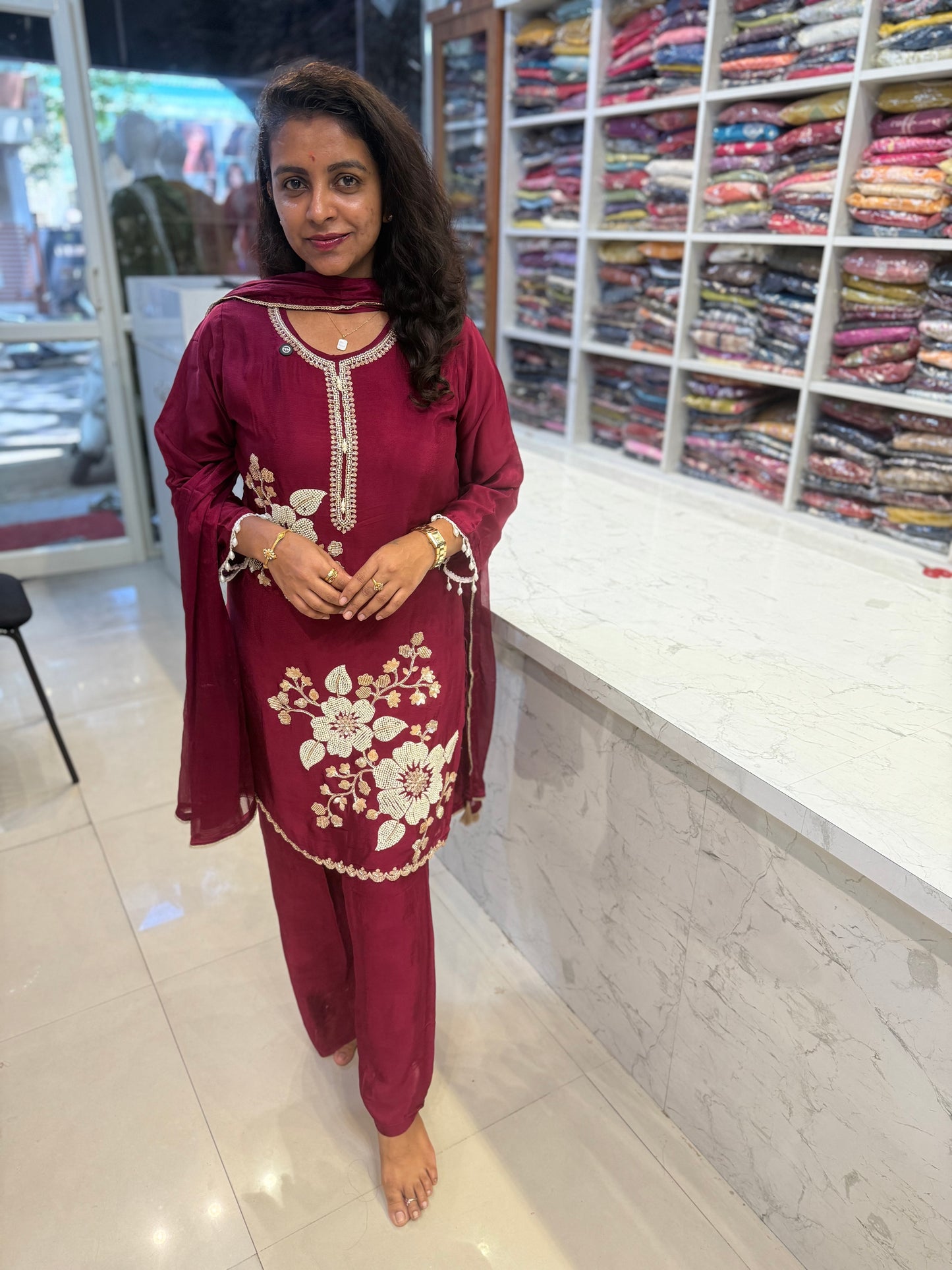Designer Wear Handwork Kurti With Divider Pant and Dupatta-HSC39