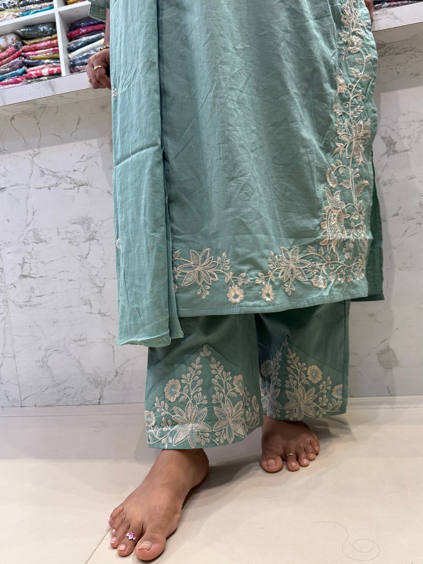 Mint Green Pure Cotton Embroidery Kurti With Pant and Dupatta - HSC1145