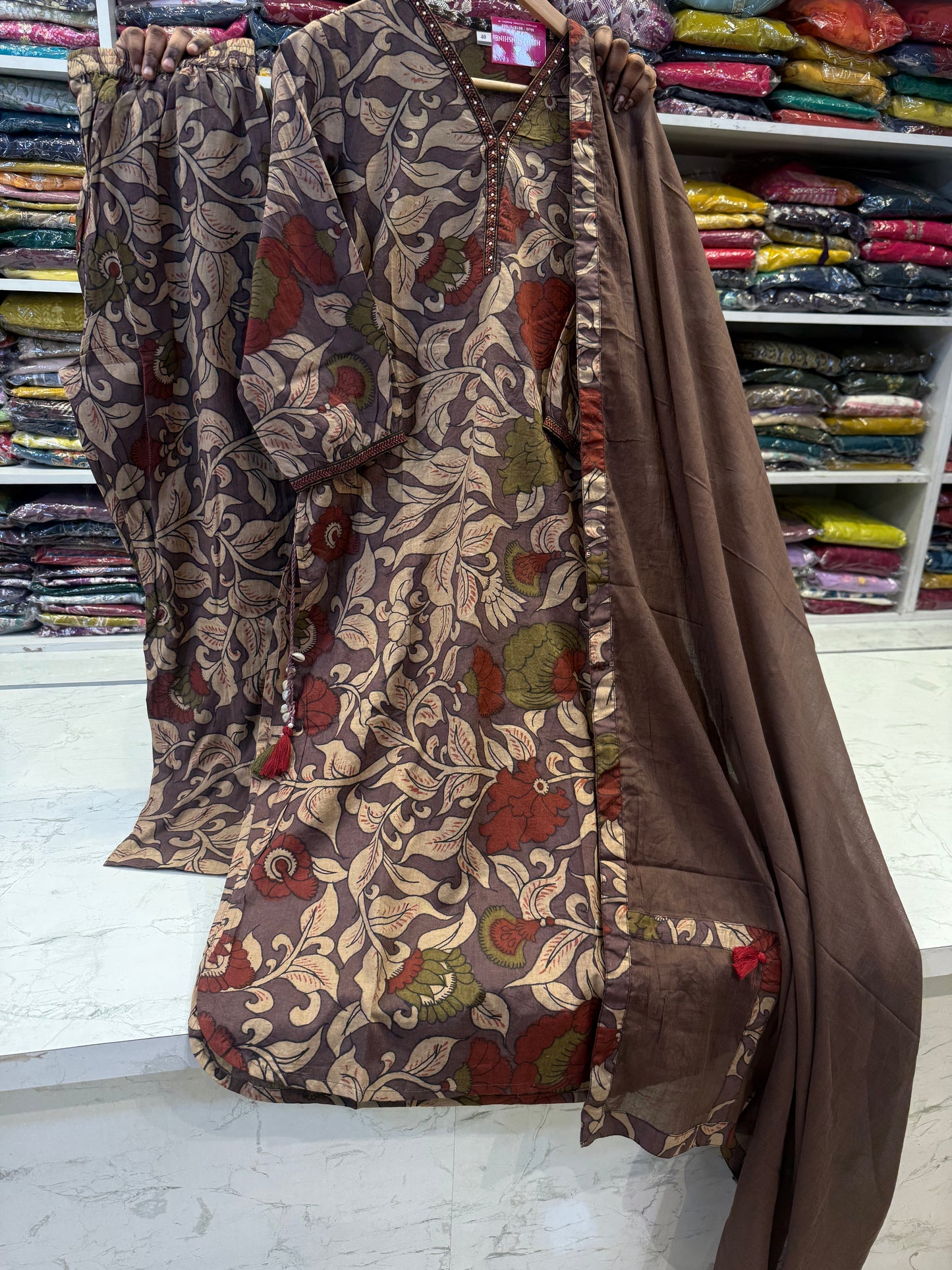 Kalamkari Printed Pure Cotton Kurti With Pant and Dupatta-HSC135