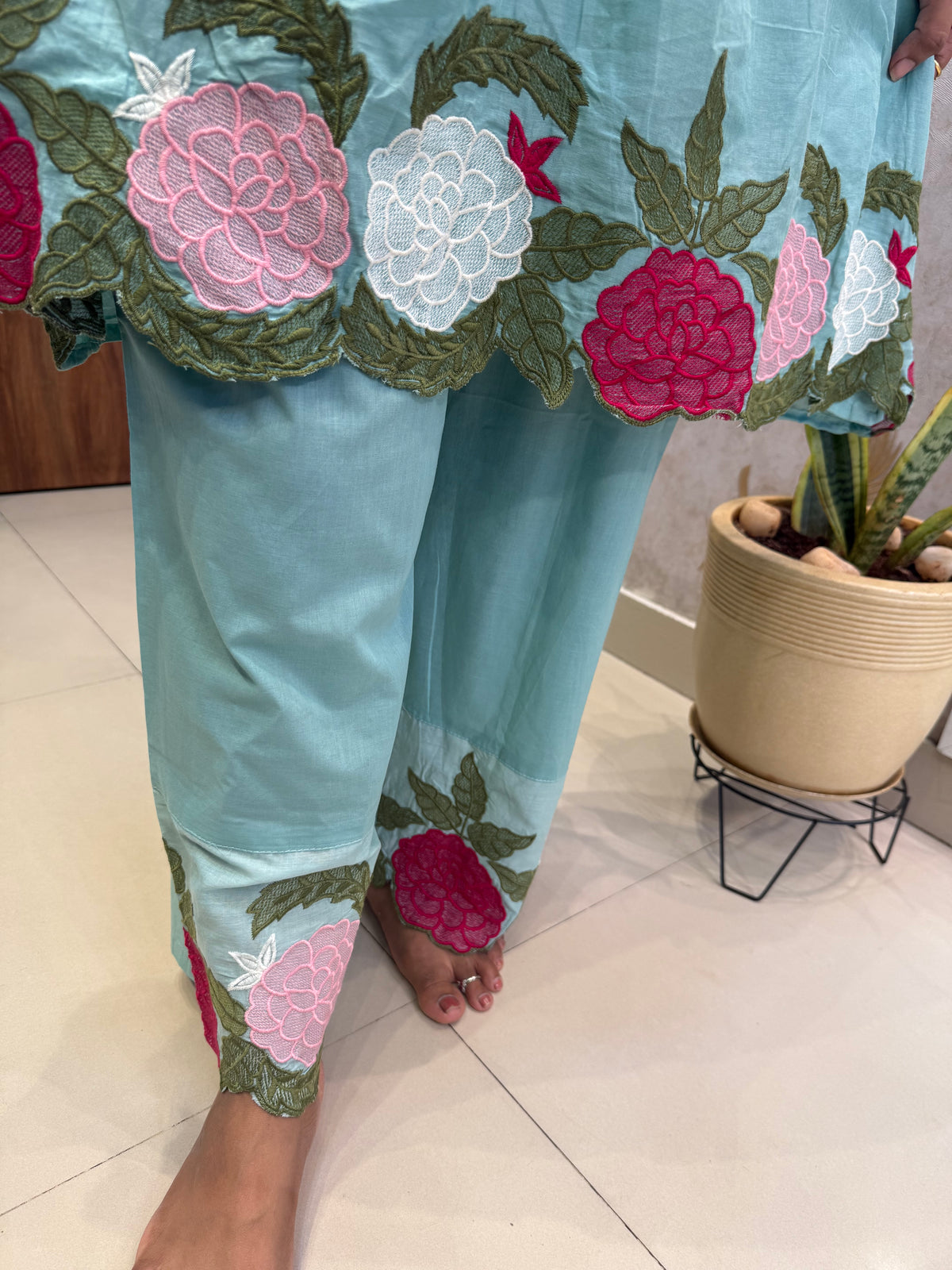 Powder Blue Embroidery Cutwork Cotton Co-ords Set- HSC1168