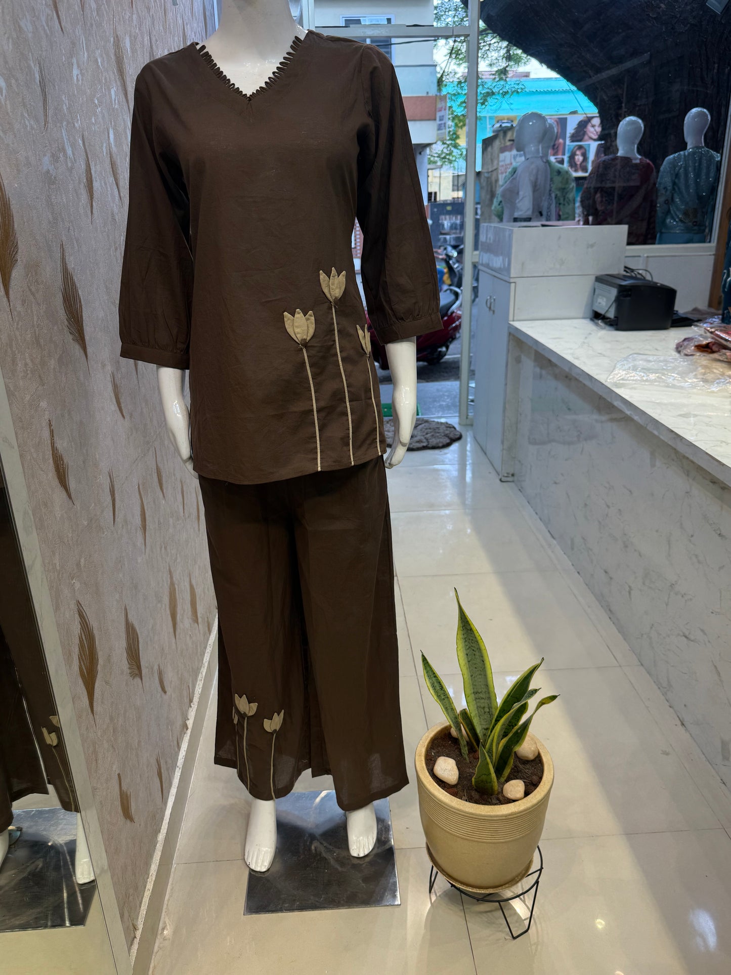 Brown Applique Pure Cotton Co-ords Set