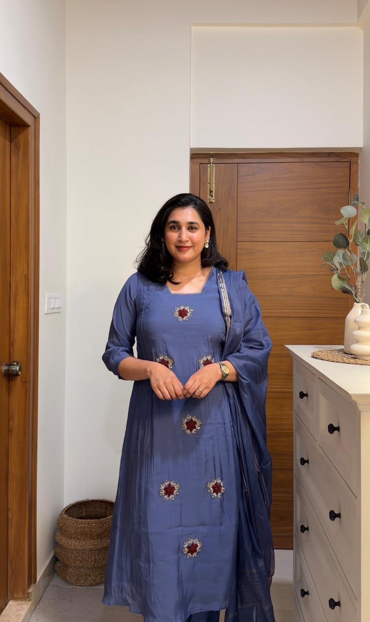 Blue Pure Mul Chanderi Hand Embroidery A-line Kurti With Pant and Dupatta -HSC1214