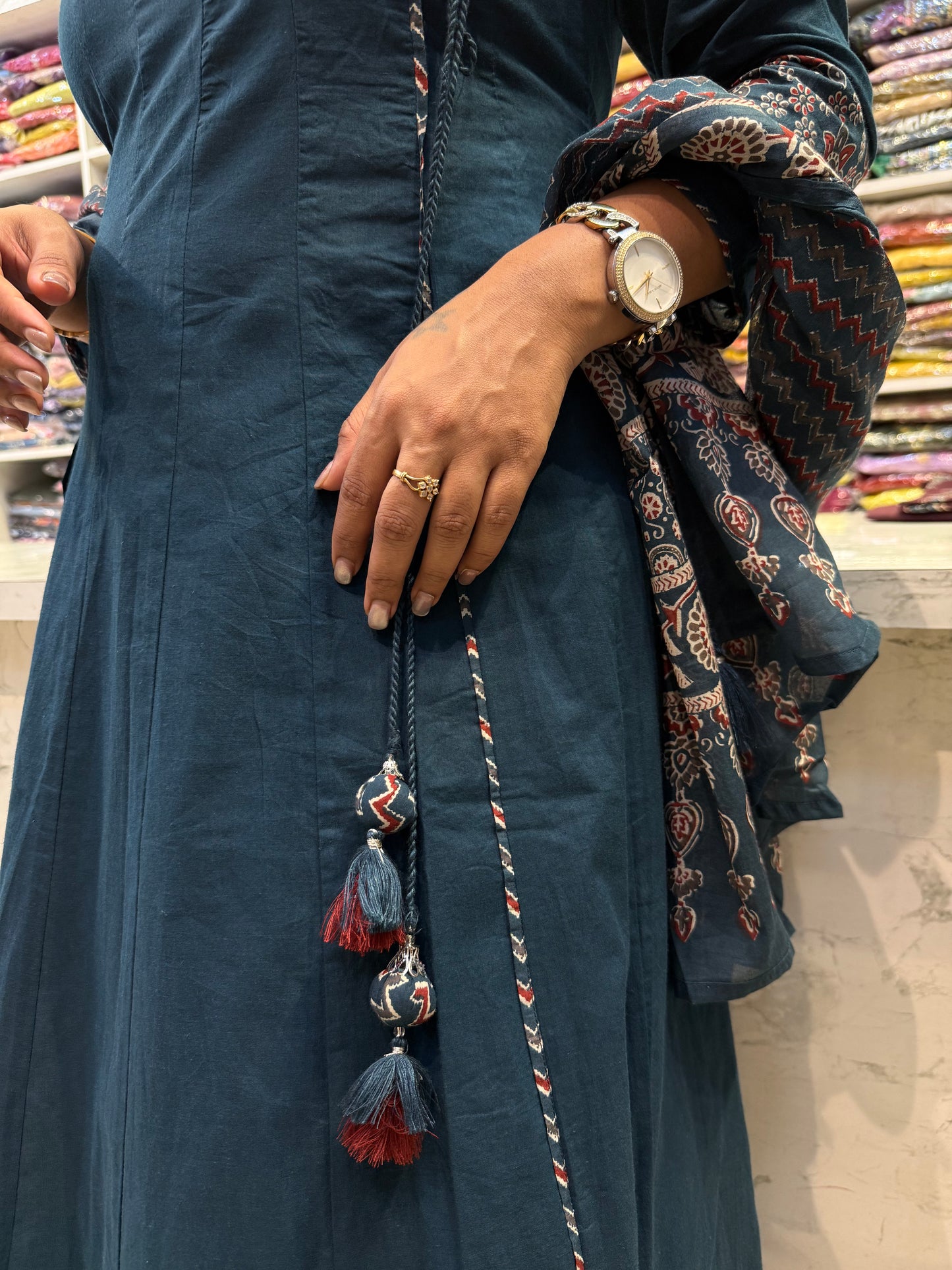 Blue Shoulder Anarkali Pure Cotton Hand Embroidery Kurti With Pant and Dupatta-HSC165