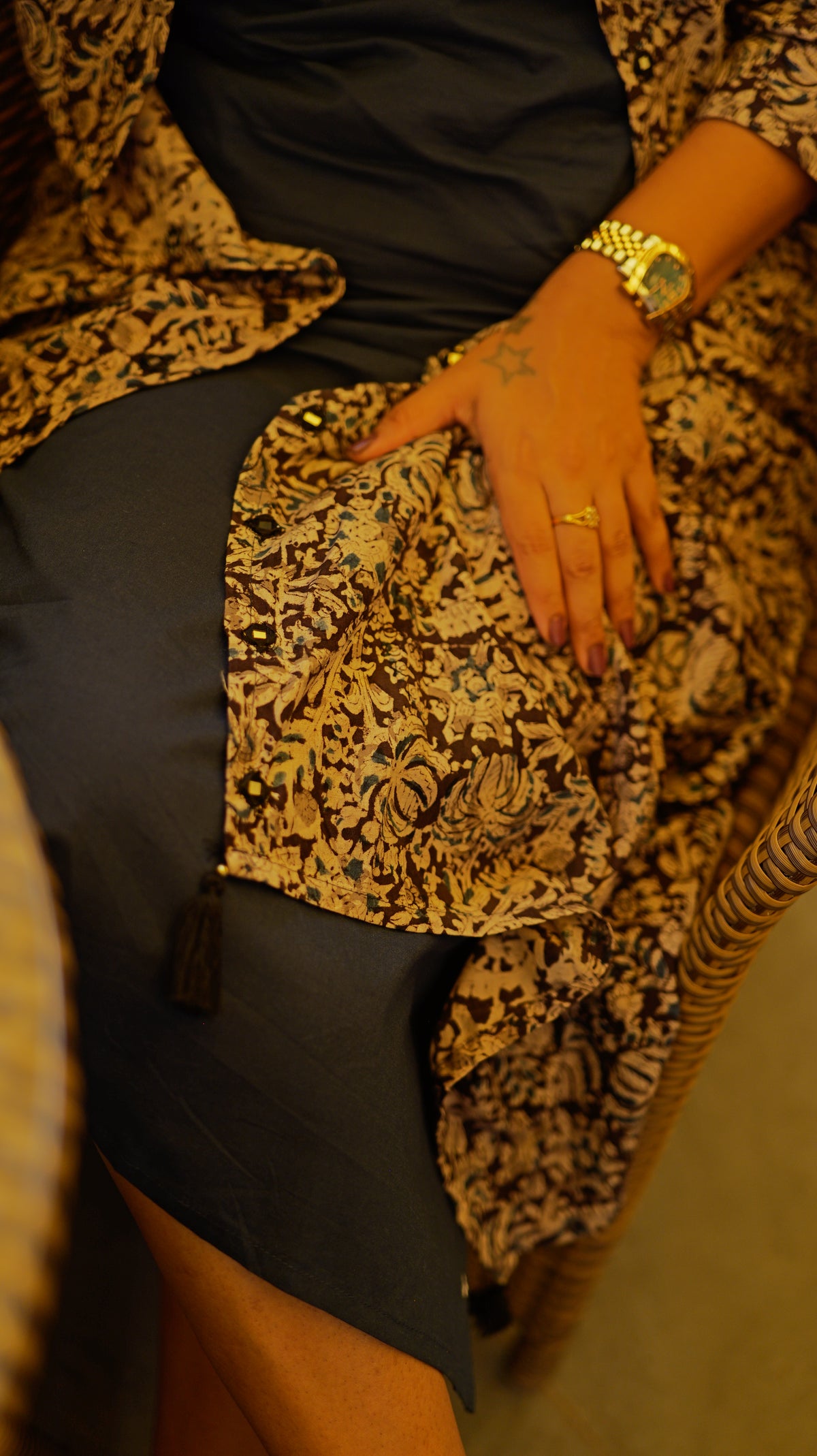 Kalamkari Navy Blue Printed A-line Dress -HSC1265