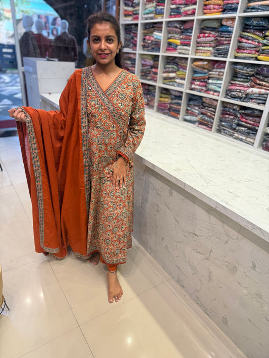 Block Printed Pure Cotton Rust Anarkali Kurti With Pant and Dupatta