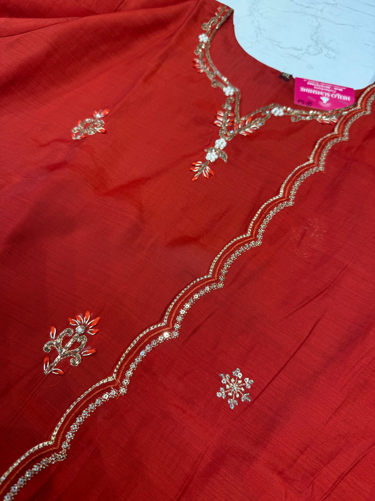 Rust Orange Hand Embroidery Kurti With Pant and Scallop Cutwork Dupatta - HSC1185