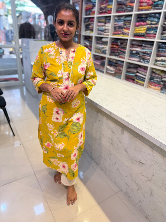 Printed Yellow Kurti With Pant
