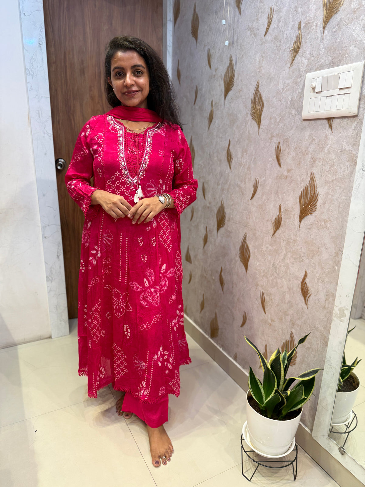 Pure Chinnon Pink Anarkali Printed A-line Kurti With Pant and Dupatta -HSC1301