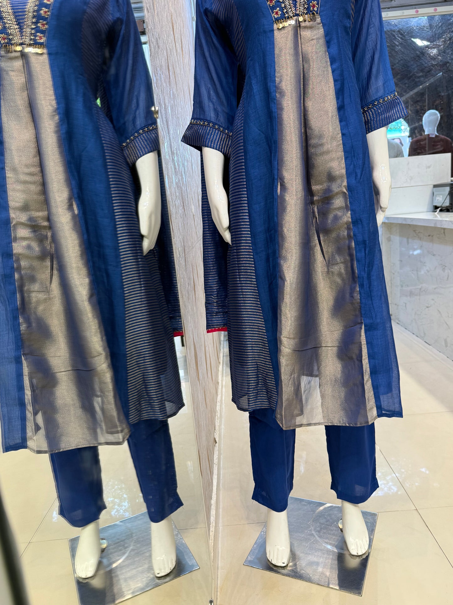 Blue Pure Banarasi Mul Chanderi A-line Kurti With Pant and Dupatta