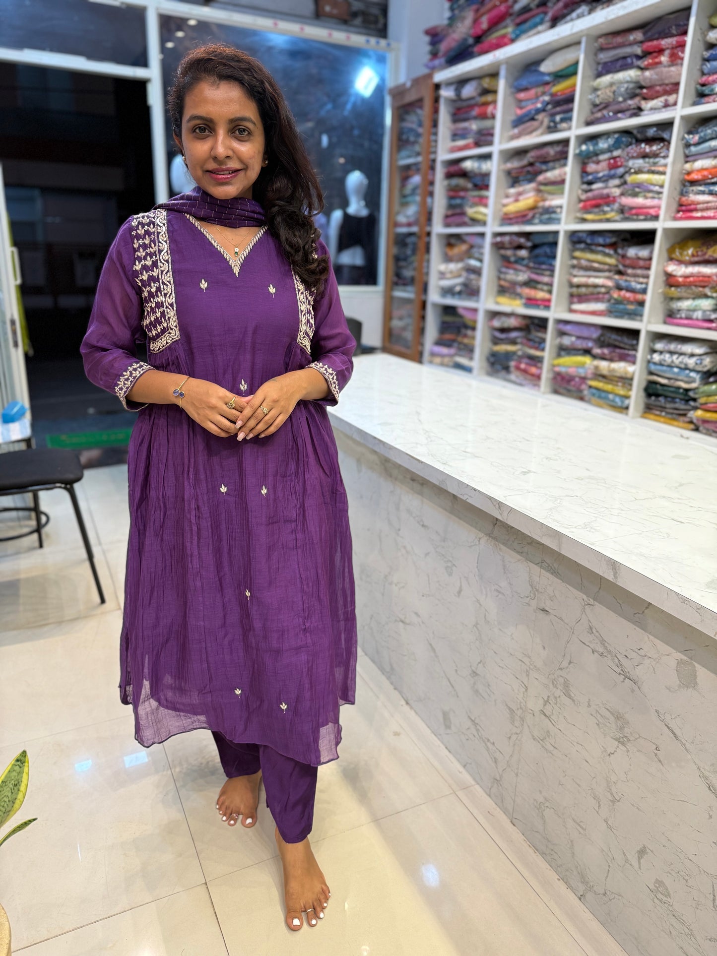 Pure Banasari Mul Chanderi Purple Hand Embroidery Kurti With Pant and Dupatta-HSC191