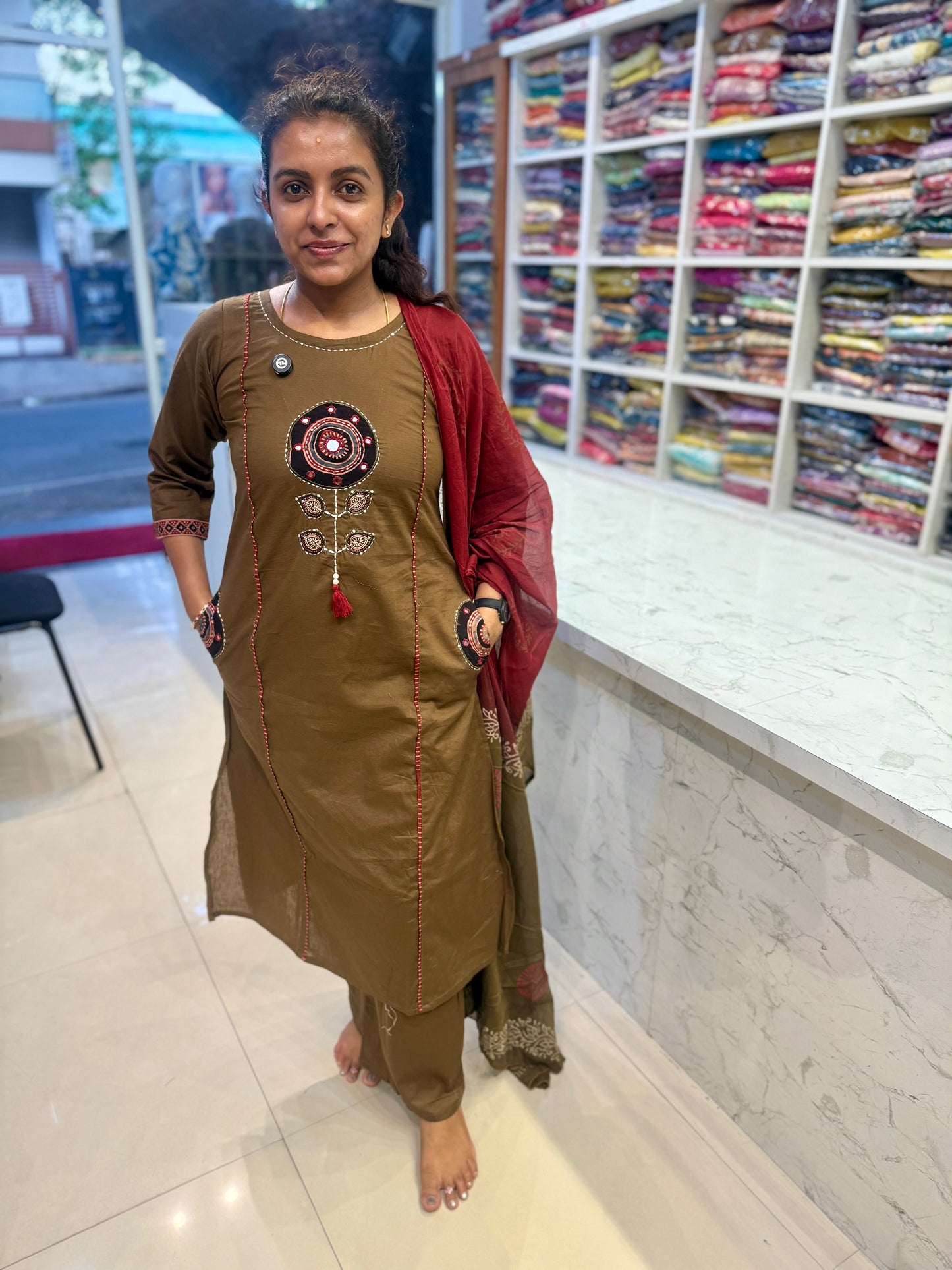 Two sides pockets Brown Applique Cotton Kurti With Pant and Dupatta-HSC126