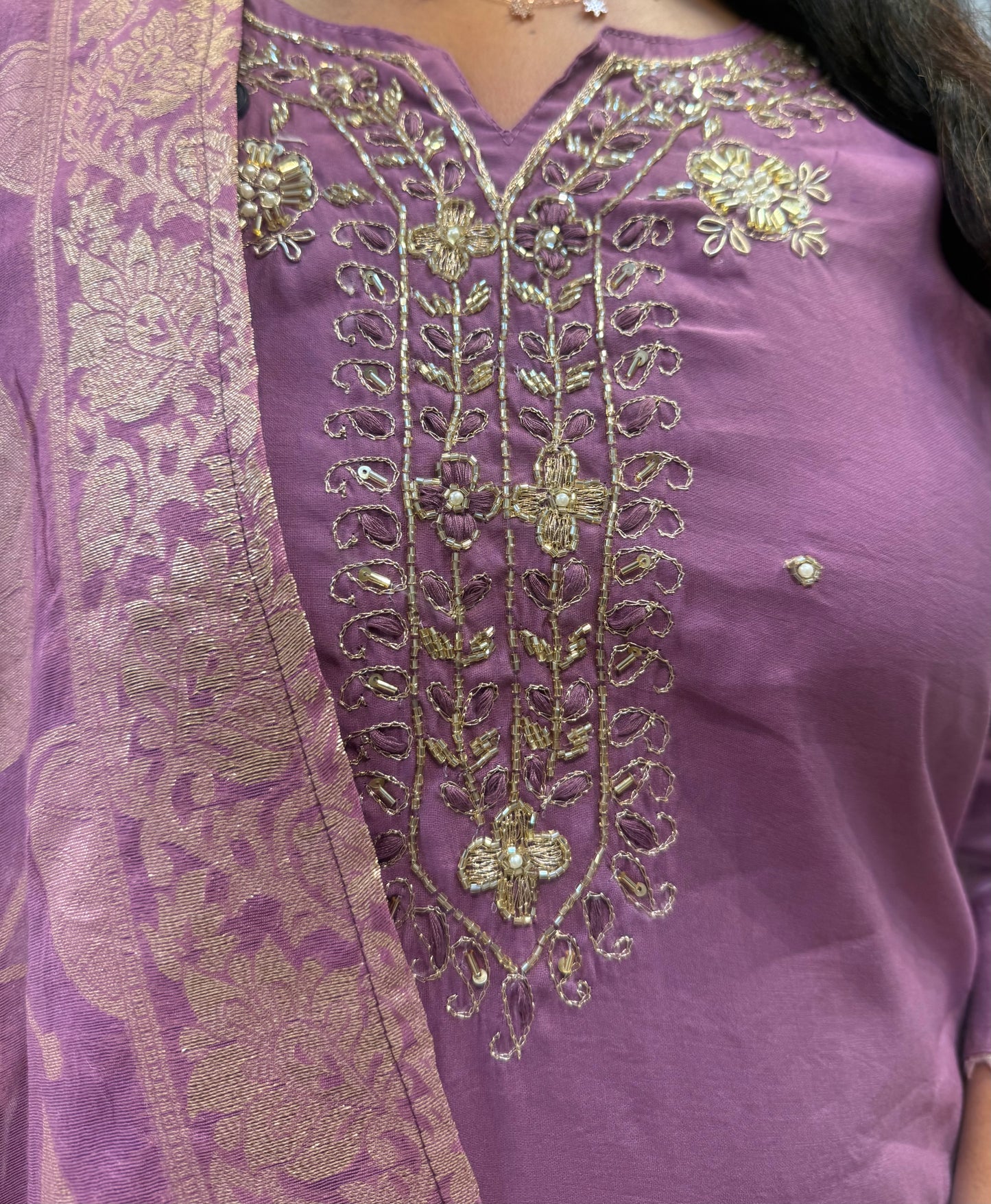 Lavender Roman Silk Party wear Kurti With Pant and Dupatta