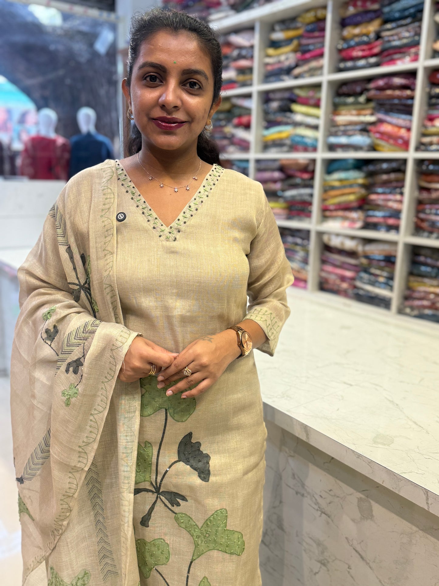 Tissue Linen Thread Embroidery Kurti With Pant and Dupatta