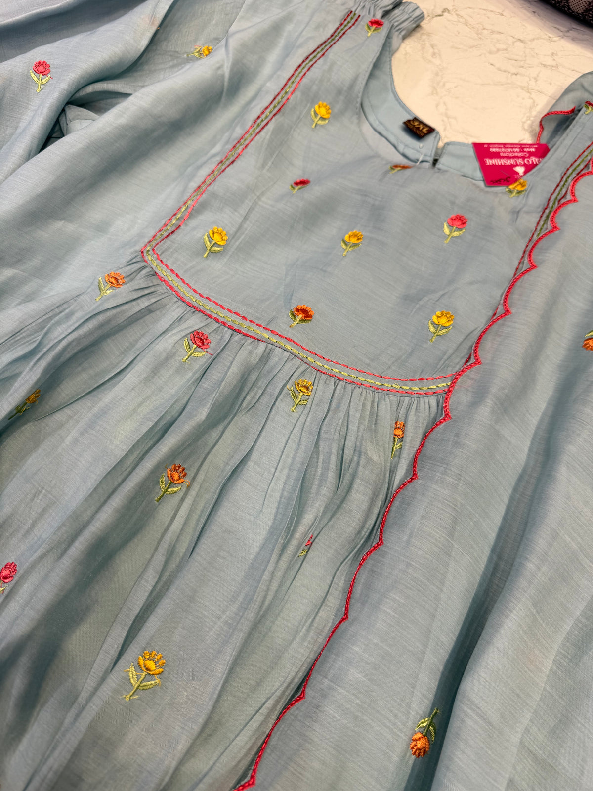Sky Blue Embroidery Pure Silk Kurti With Pant and Scallop Cutwork Dupatta - HSC1190