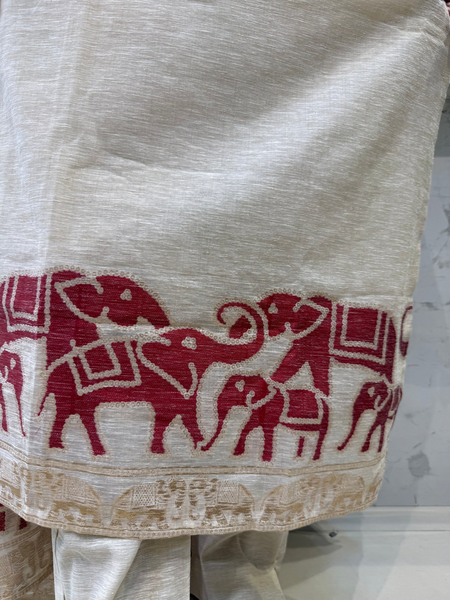Elephant Half White Pure Jamdani Weaving Kurti With Pant and Dupatta-HSC113