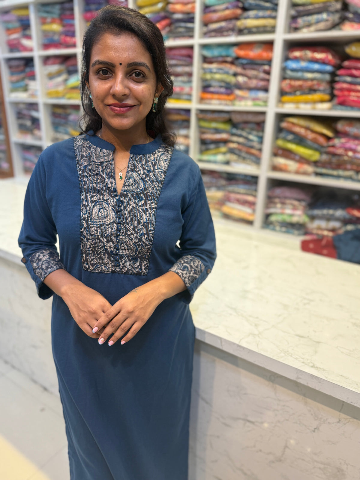 Blue Pure Cotton Kalamkari Kurti With Pant -HSC404