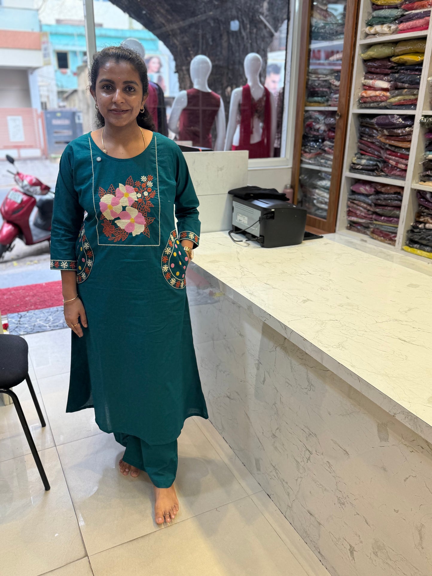 Teal Blue Two sides Pockets Embroidery Kurti With Pant