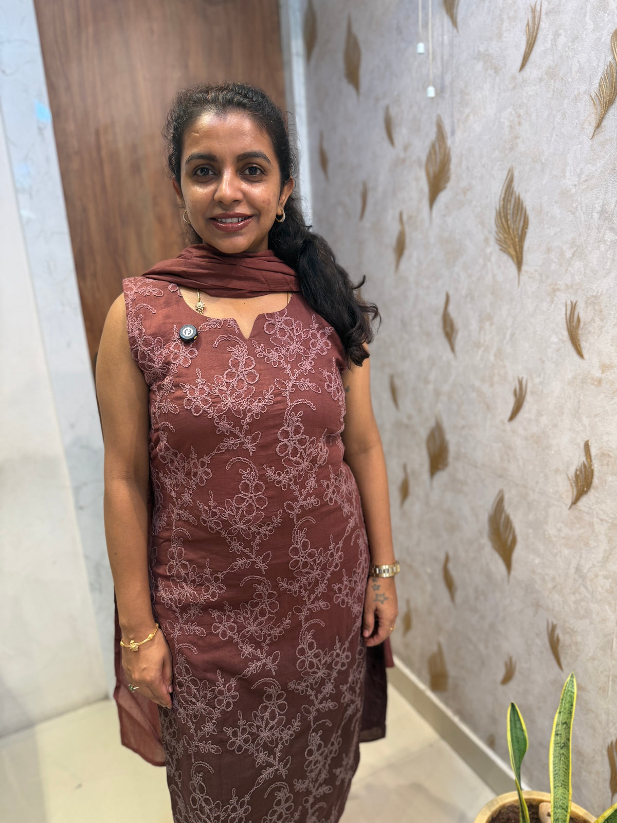 Ombre Brown Pure Cotton Thread Embroidery Kurti With Pant and Dupatta -HSC1223
