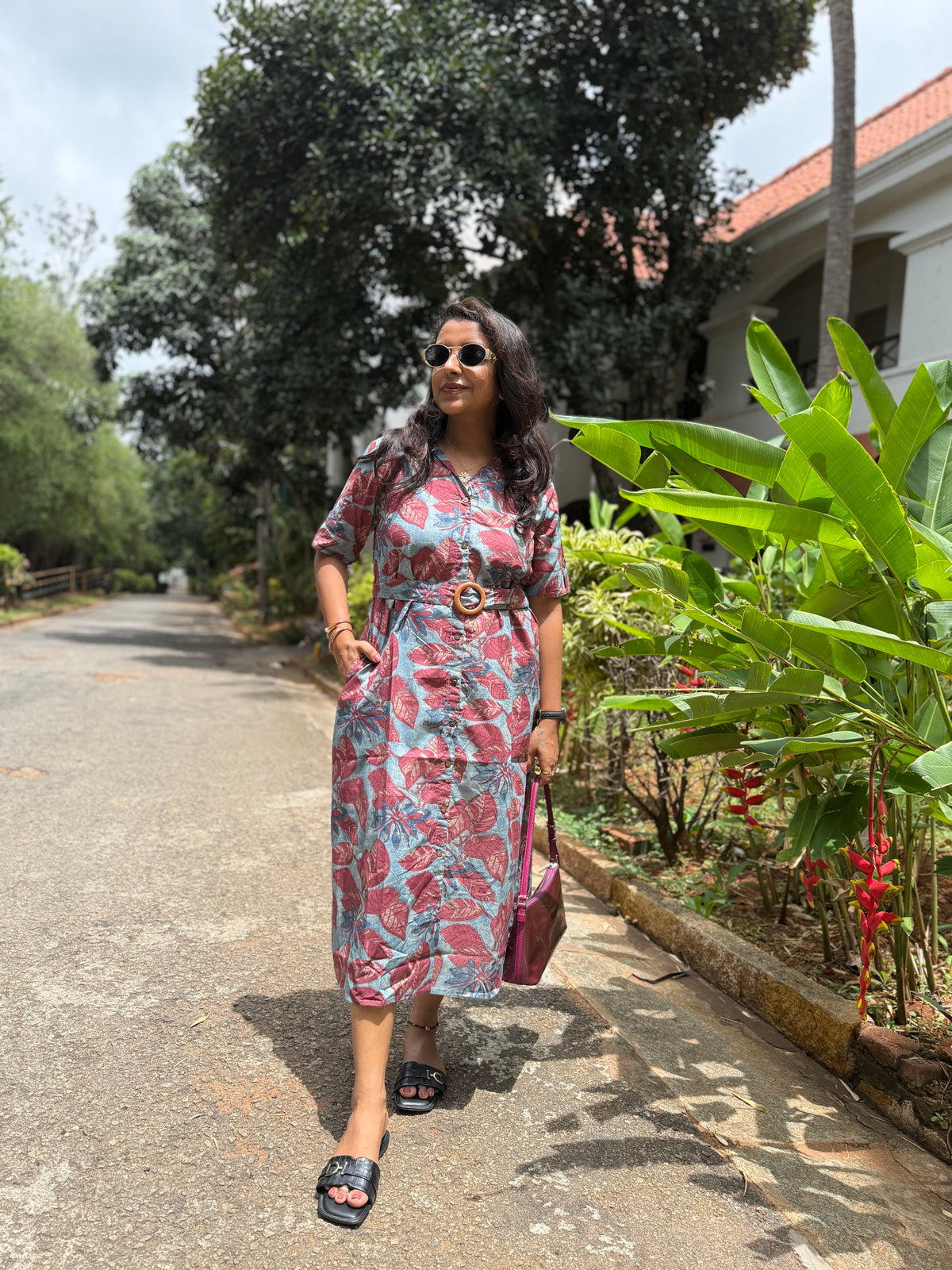 Floral Printed A-line Pure Cotton Dress - HSC - 1165