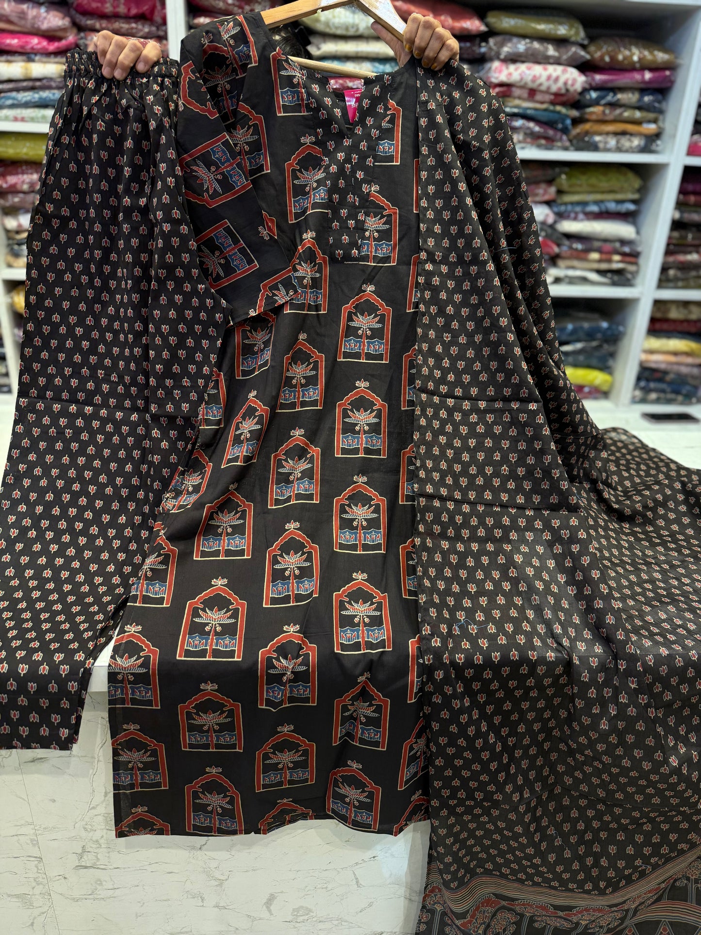 Printed Black Pure Cotton Kurti With Pant and Dupatta