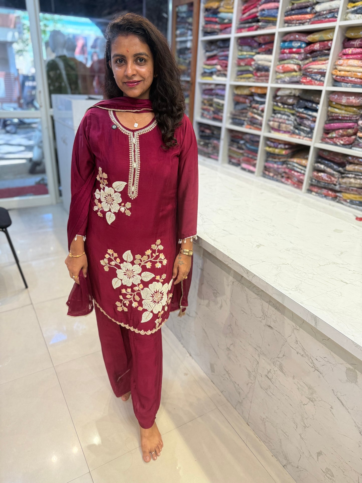 Designer Wear Handwork Kurti With Divider Pant and Dupatta-HSC39