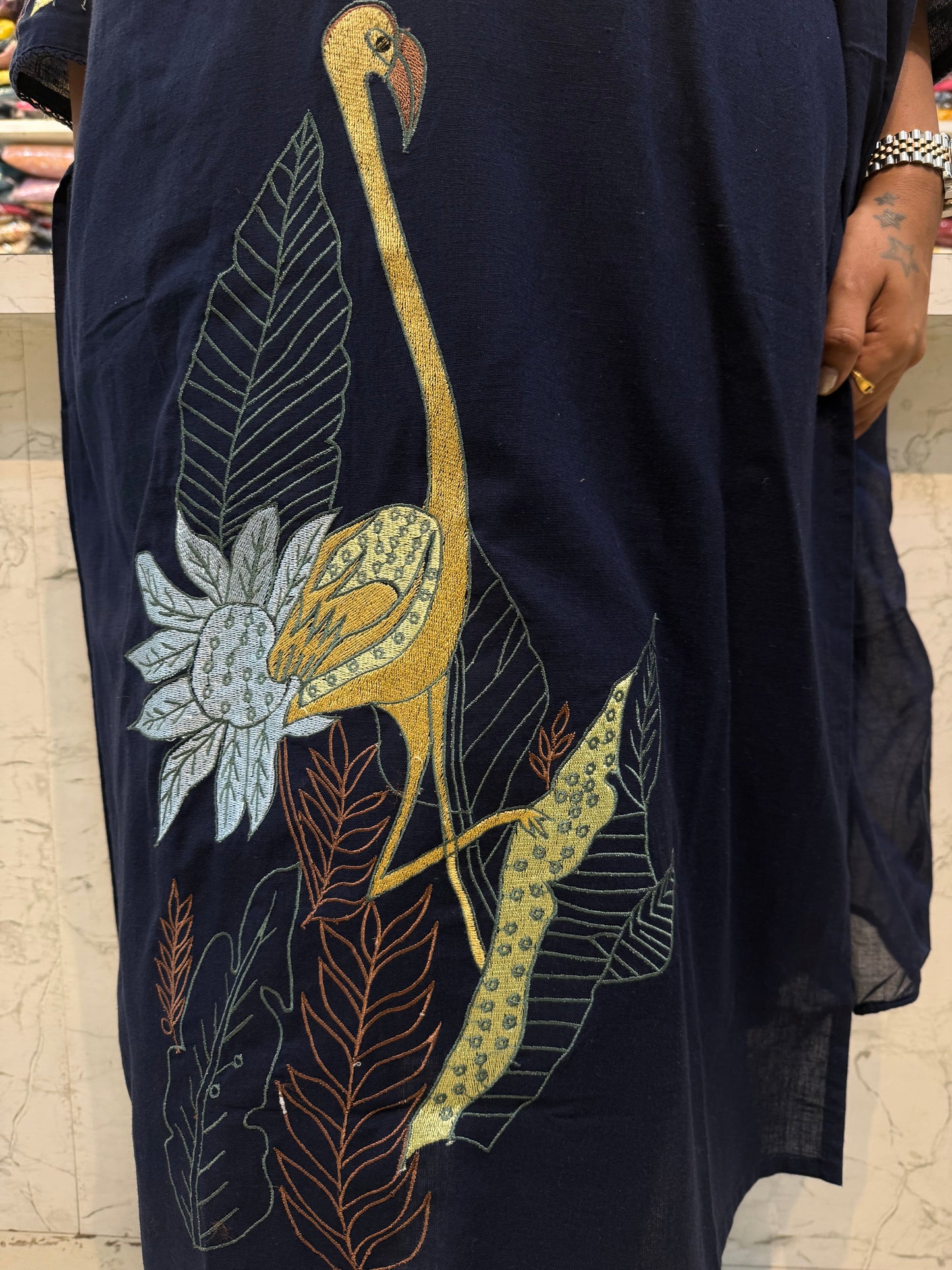 Bird Embroidery Cotton Flex Kurti with Pant And Dupatta